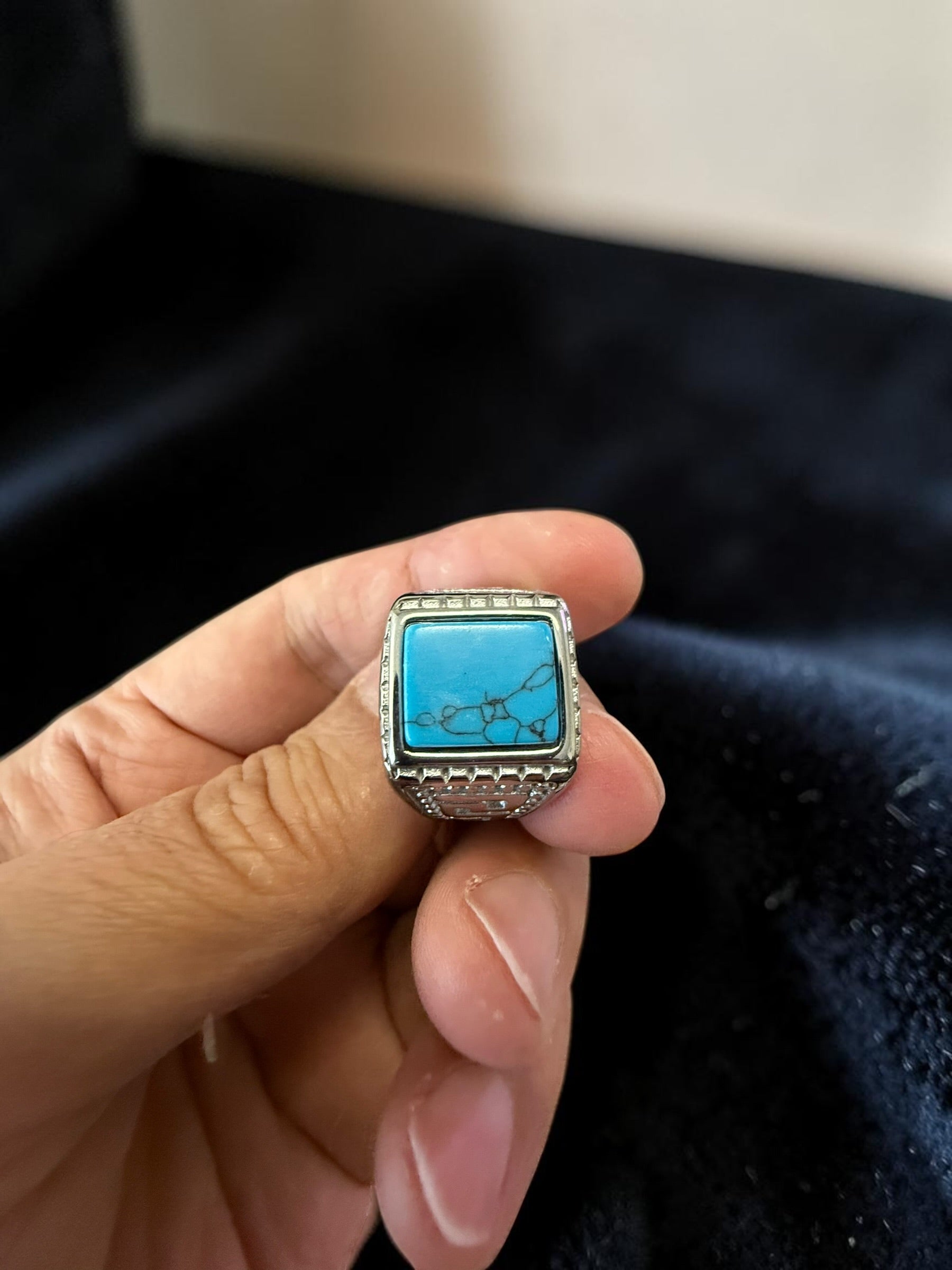 Vintage Turquoise Stone Signet Ring – Silver Tone Statement Ring