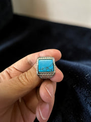 Vintage Turquoise Stone Signet Ring – Silver Tone Statement Ring