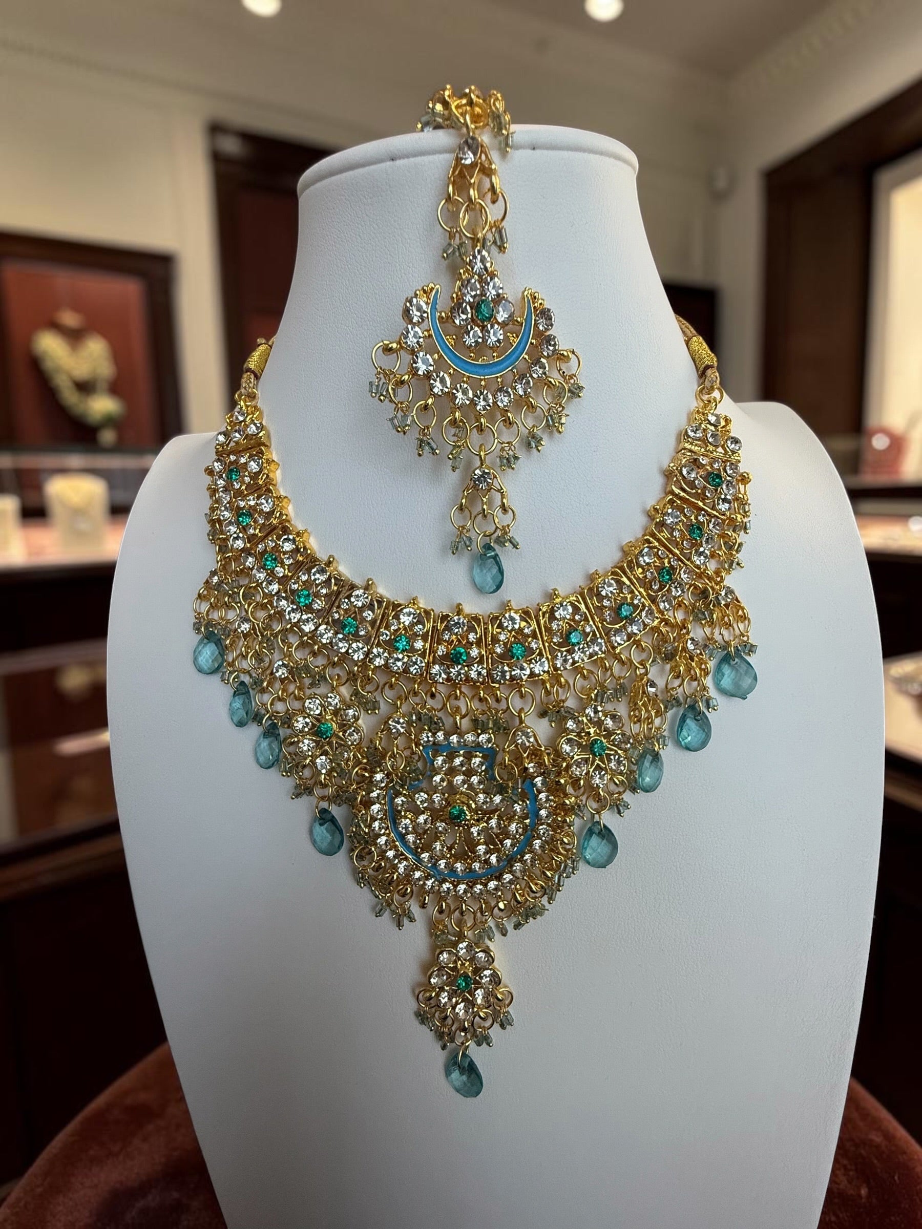Aqua Blue Indian Pakistani Afghan Bridal Jewelry Set with Earrings & Maang Tikka | Gold Tone Crystal Rhinestone Necklace Set | Gift Box Included 7011
