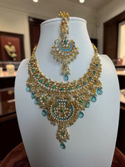 Aqua Blue Indian Pakistani Afghan Bridal Jewelry Set with Earrings & Maang Tikka | Gold Tone Crystal Rhinestone Necklace Set | Gift Box Included 7011