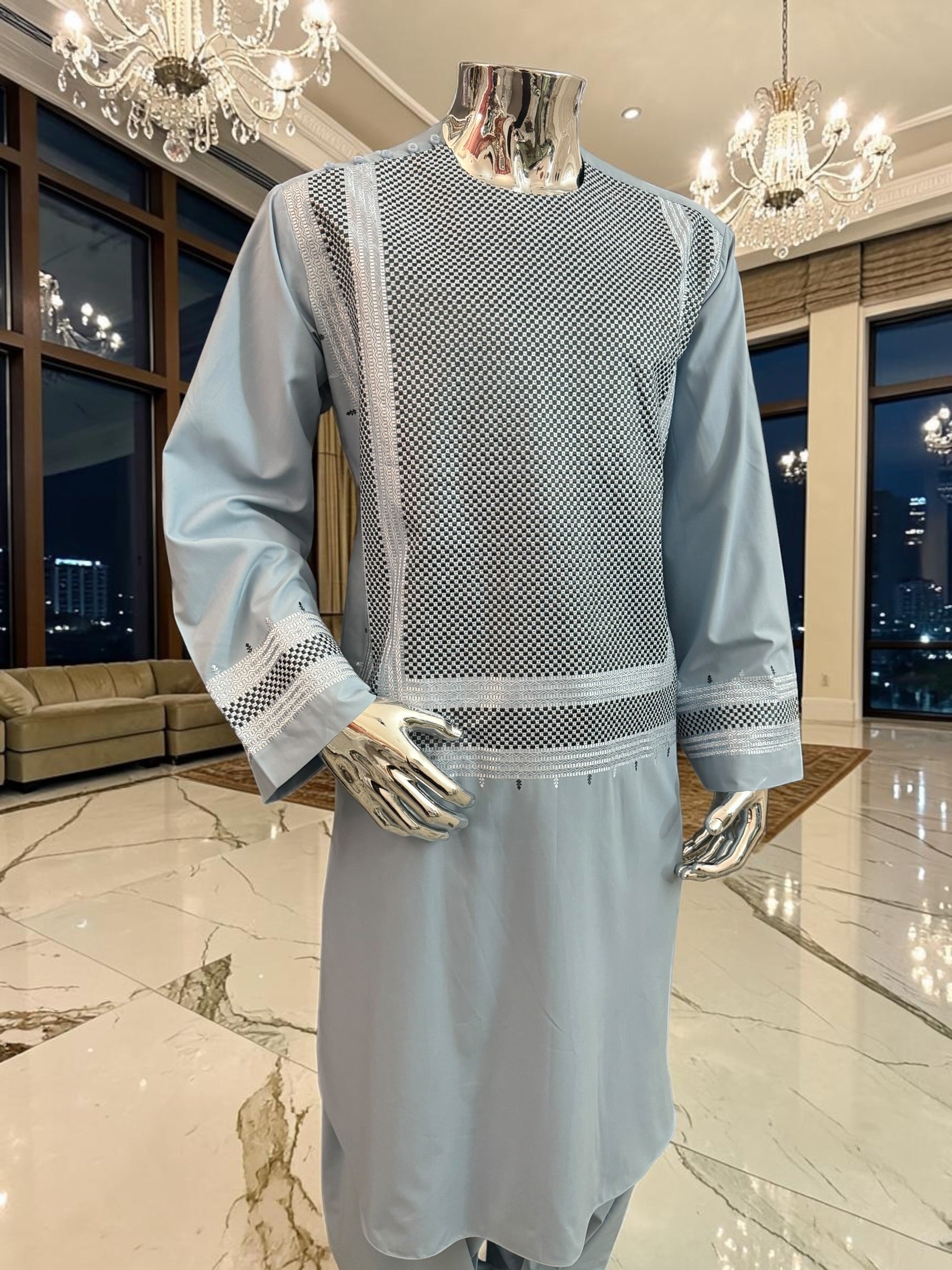 X-Large Sky Blue Kandahari Parahan Tunban for Men | Premium Afghan Traditional Wear