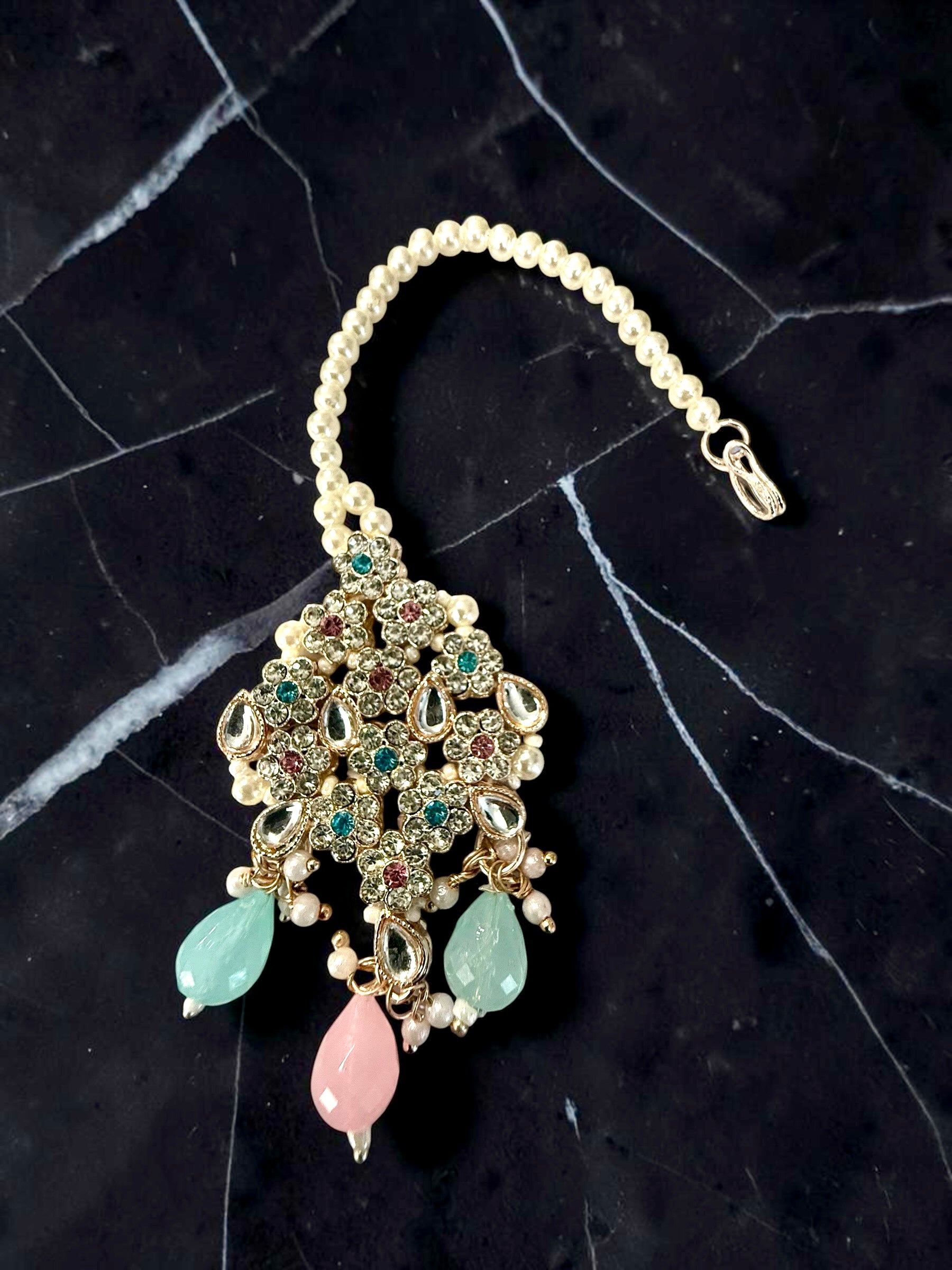 Traditional Indian Afghan 4-Piece Bridal Jewelry Set – Gold Tone Choker Necklace, Earrings, Maang Tikka & Headpiece with Pastel Pink & Mint Stones | Ethnic Wedding Jewelry 020