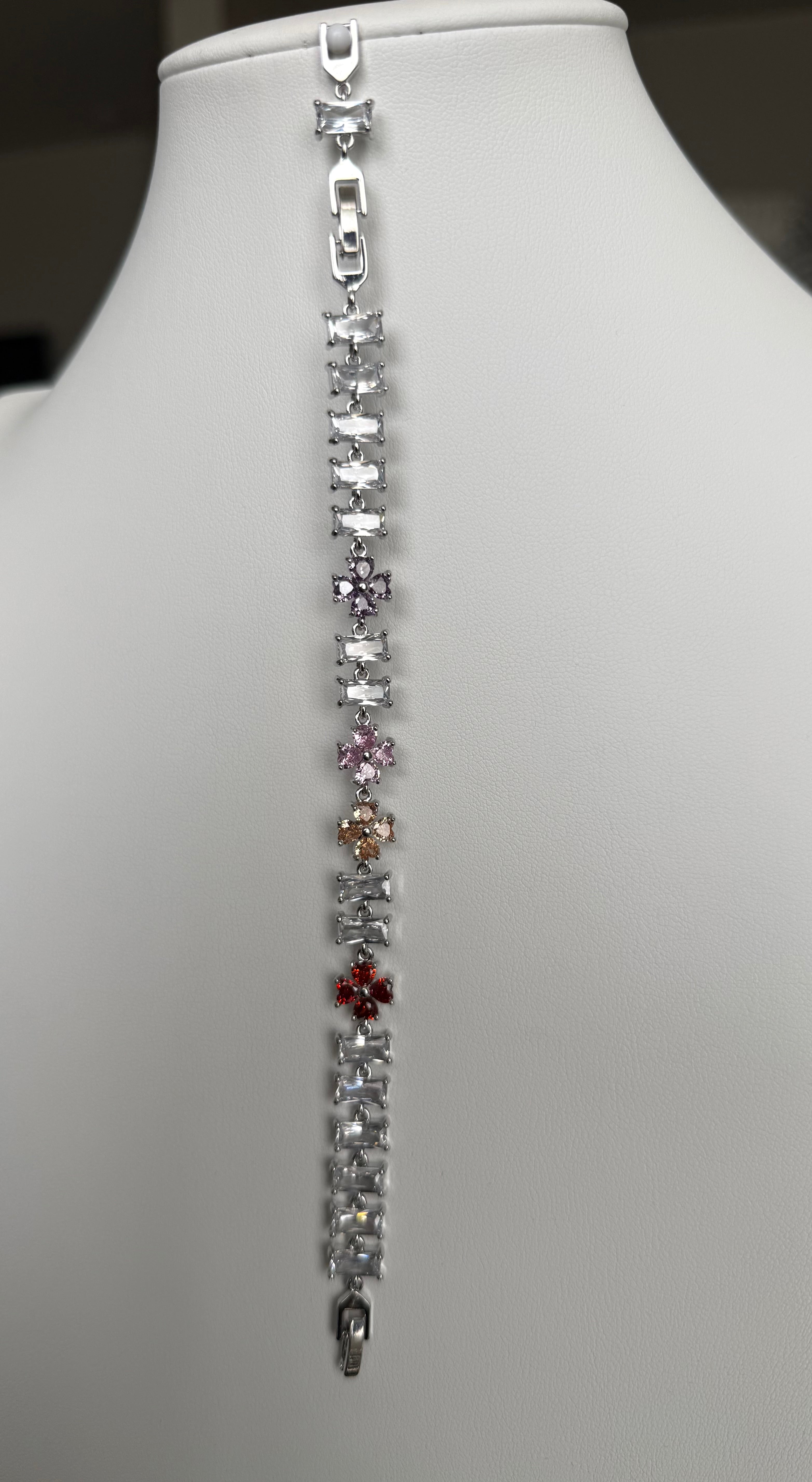 Multicolor Floral Baguette Crystal Link Bracelet – Silver Tone Flower Bracelet 7144