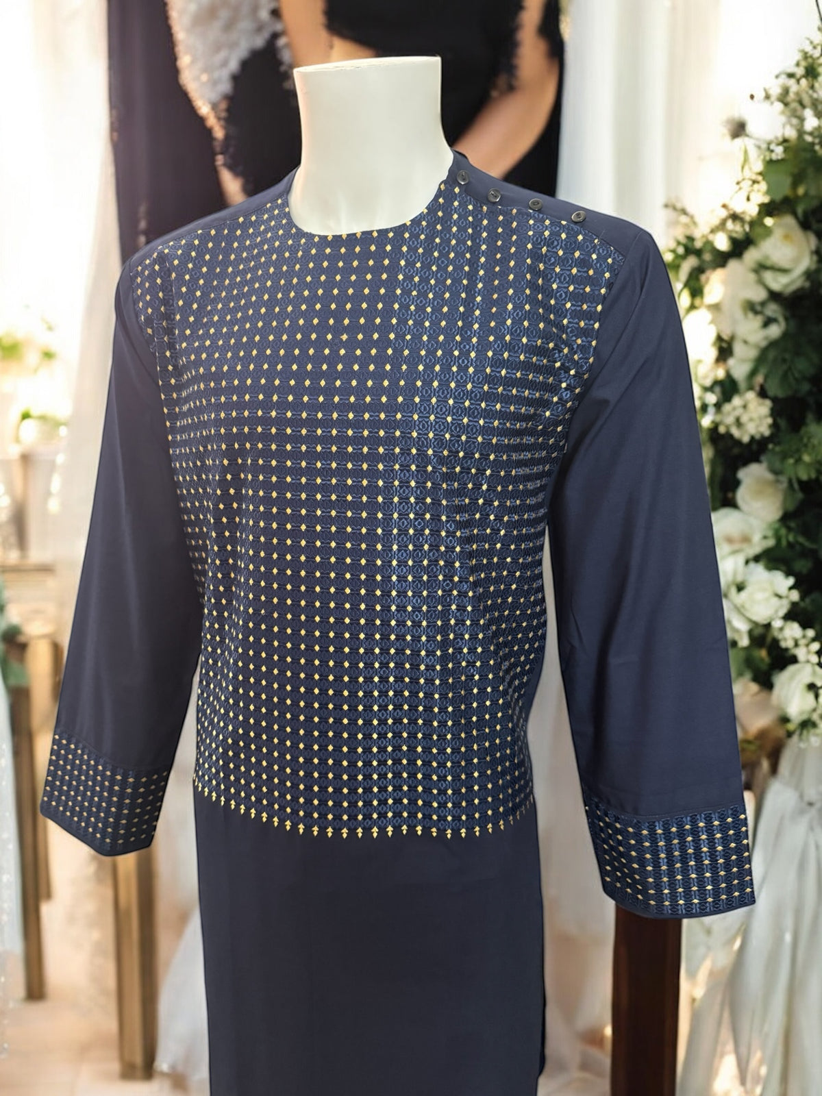 Afghan Parahan Tunban for Men Machine Embroidered Navy Gold Traditional Wear Medium