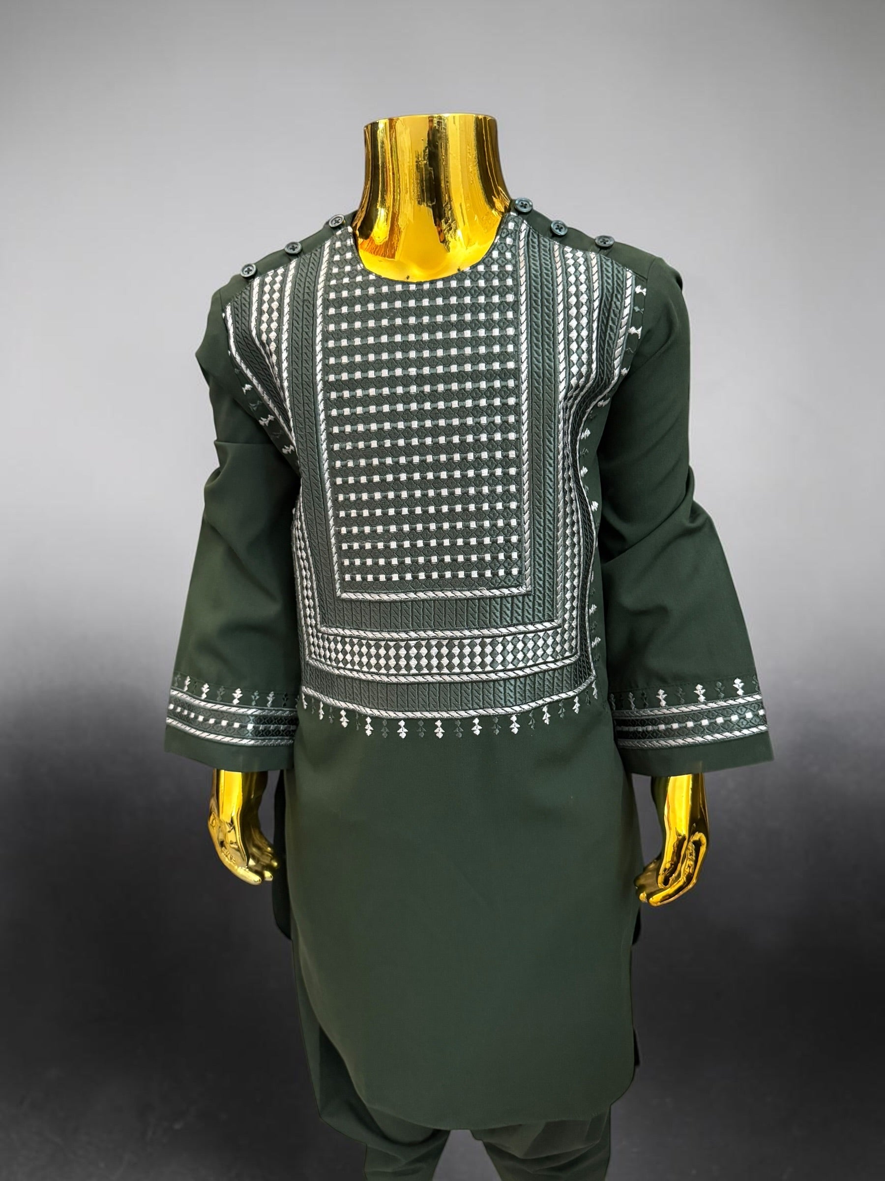 Kids Afghan Parahan Tunban (Yakhandozi ) – Forest Green Embroidered Traditional Outfit for Boys Design 24
