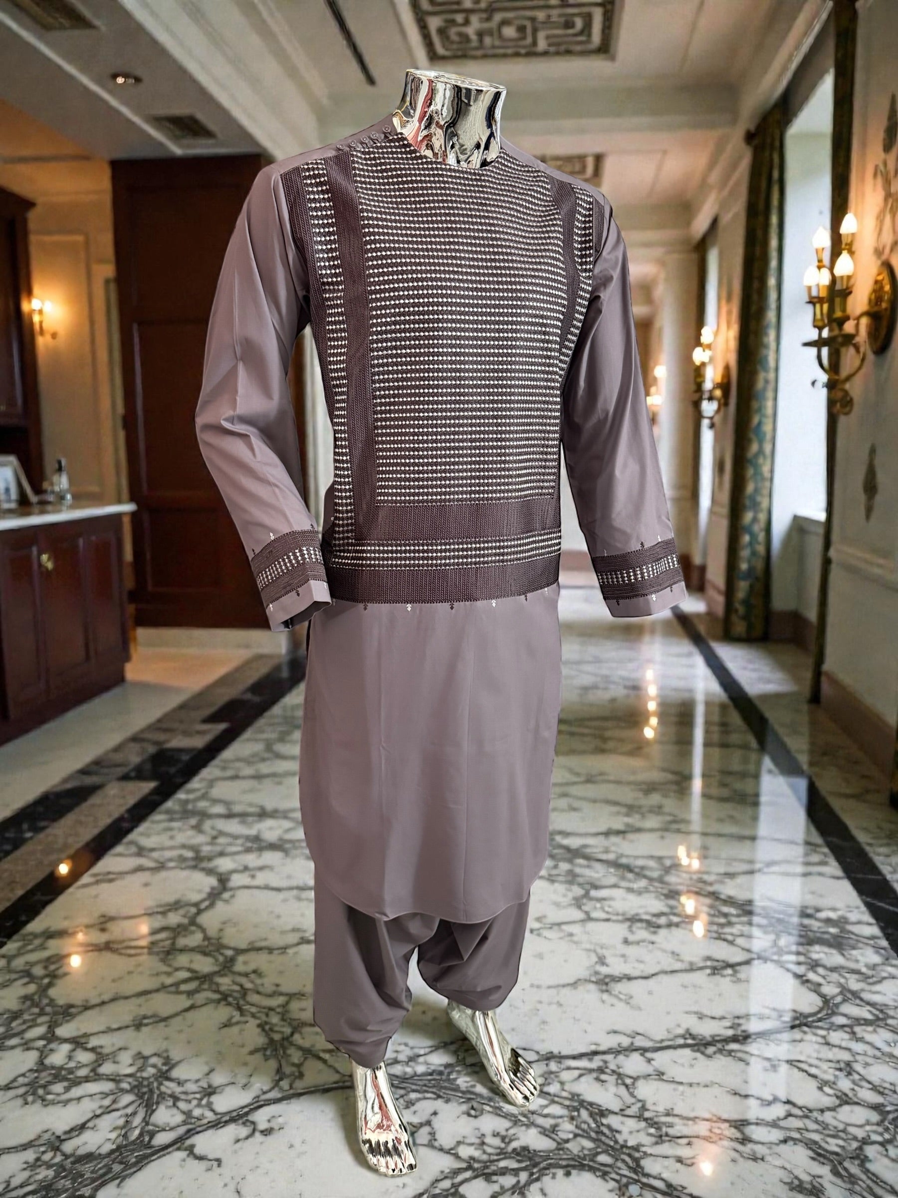 Men’s Plum Parahan Tumban with White Embroidery – Afghan Traditional Outfit (Small)