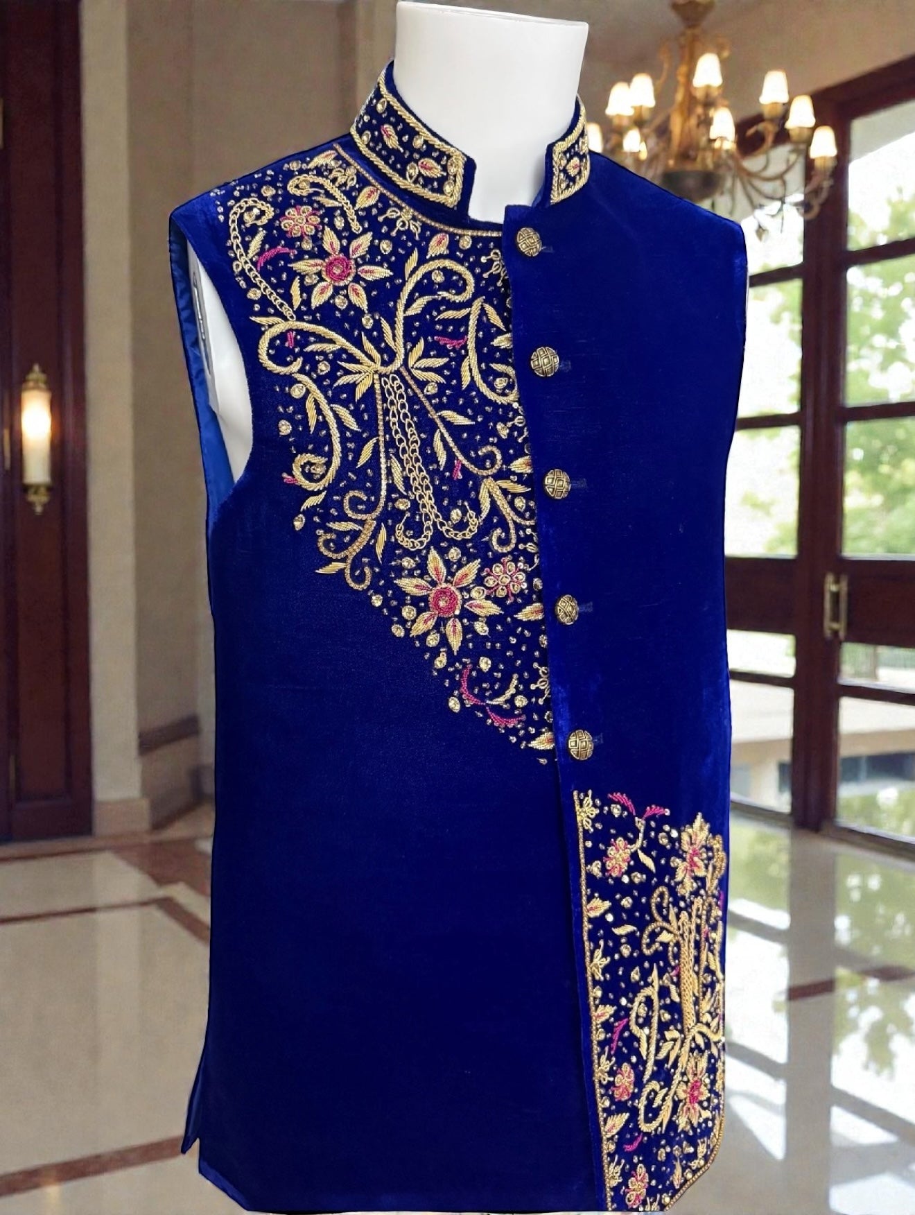 Royal Blue Velvet Vestcoat – Handmade Soma & Borr Borr Gold Embroidery | Men’s Luxury Afghan Waistcoat Medium