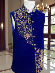 Royal Blue Velvet Vestcoat – Handmade Soma & Borr Borr Gold Embroidery | Men’s Luxury Afghan Waistcoat Medium