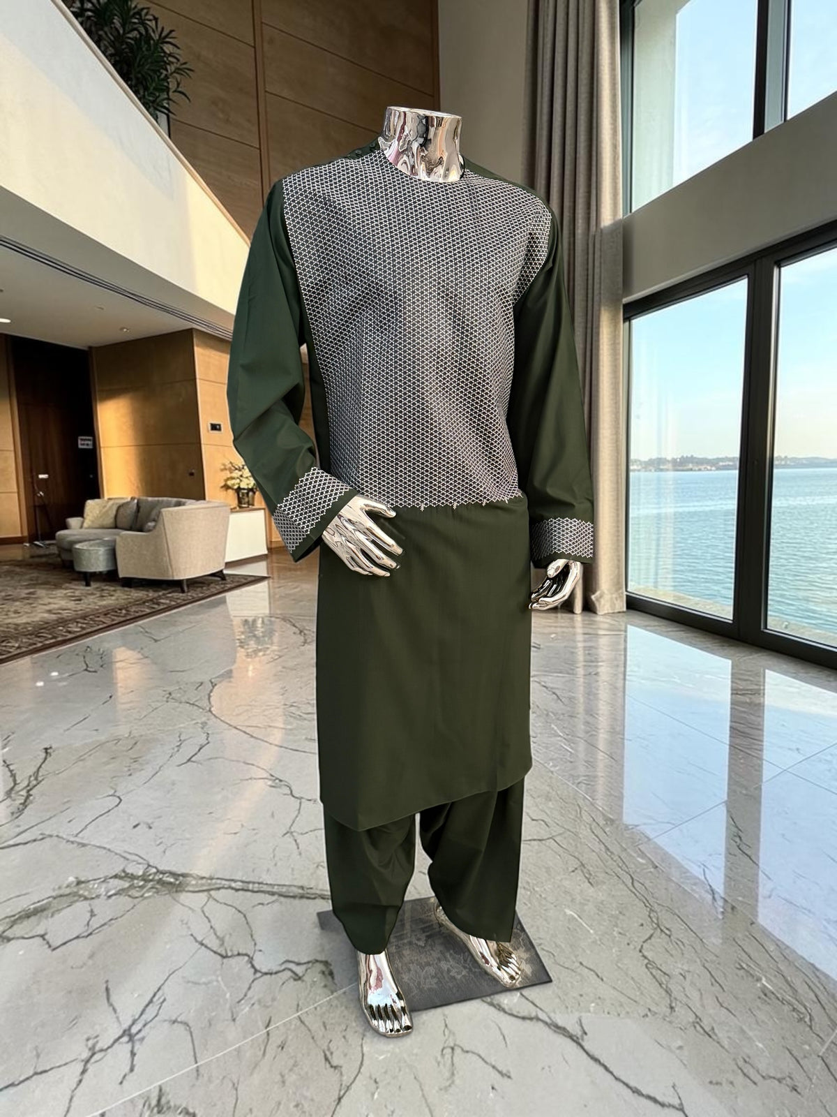XL Green Afghan Parahan Tunban with Machine Embroidery