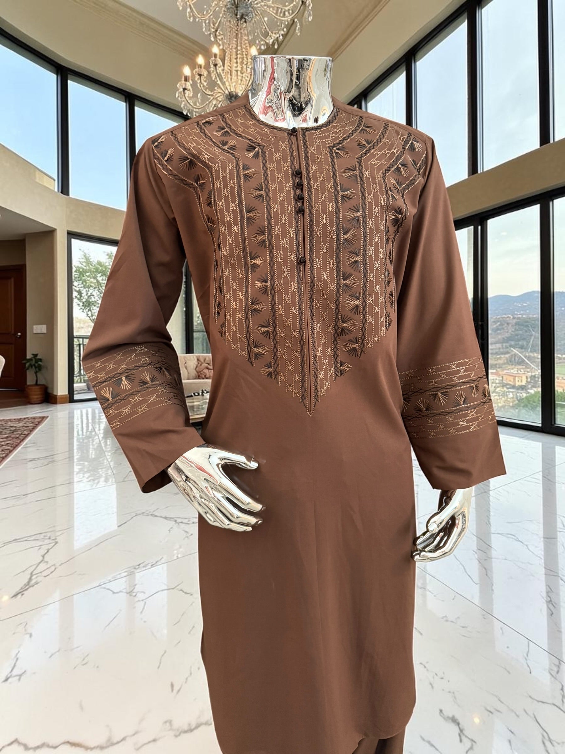 Men’s Chocolate Brown Embroidered Afghan Parahan Tunban with Matching Shawl Handmade