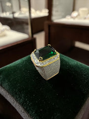 Men’s Green Zircon Statement Ring – Gold Tone Brass Cluster Design CGR