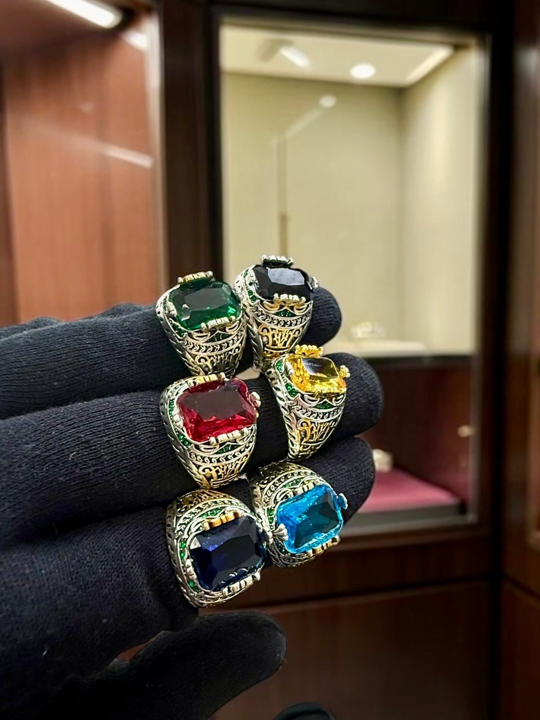 Vintage Turkish Inspired Signet Ring with Cubic Zirconia Stone – Silver Plated Two-Tone Men’s & Unisex Statement Ring – Available in Black, Green, Red, Gold, Navy & Blue