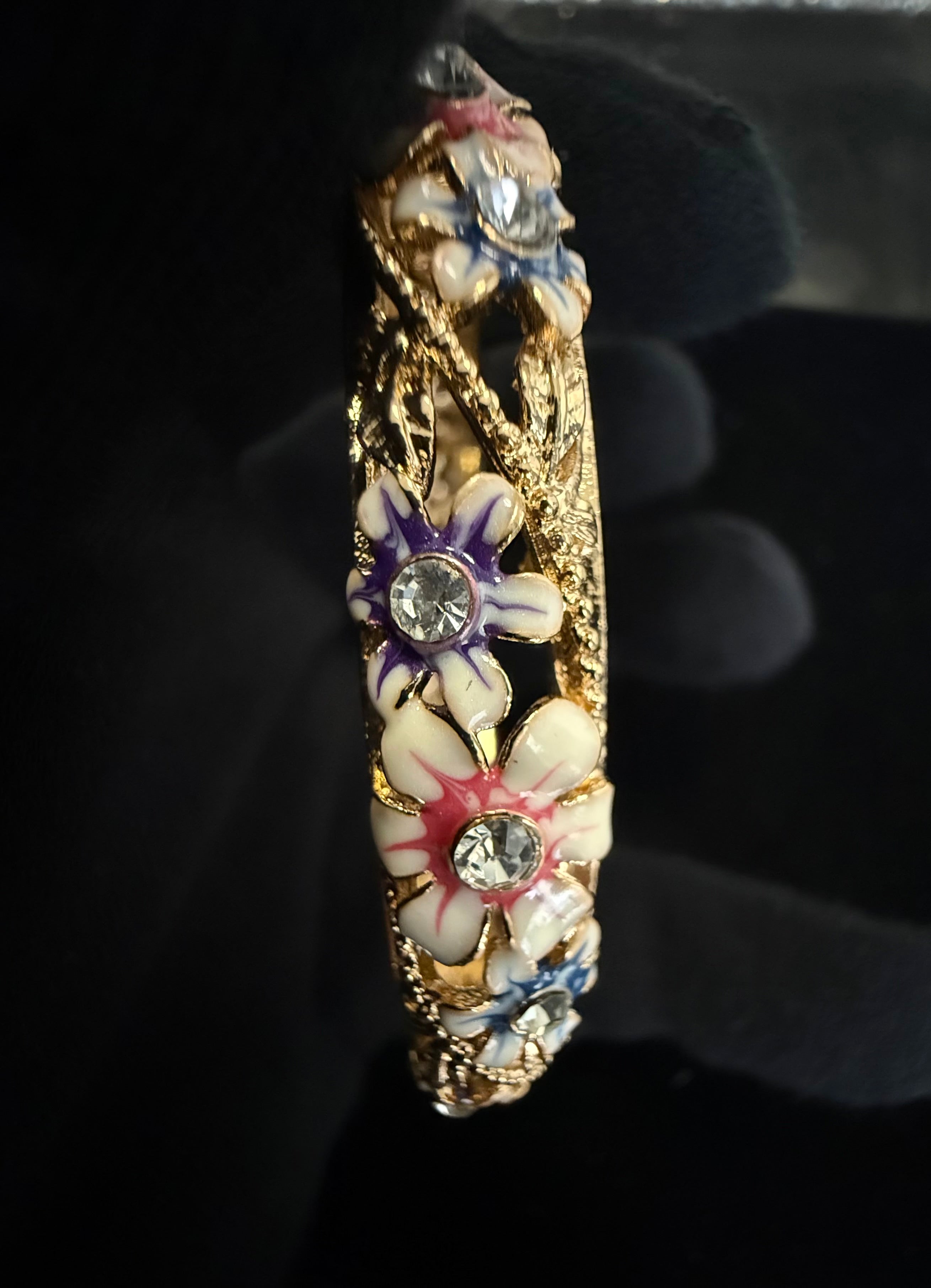 Gold-Tone Floral Enamel Openable Bangle Bracelet for Women