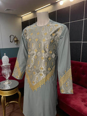 Men’s Sage Green Kameez – Sage Green with Gold Machine Embroidery | XL Size Afghan Traditional Wear