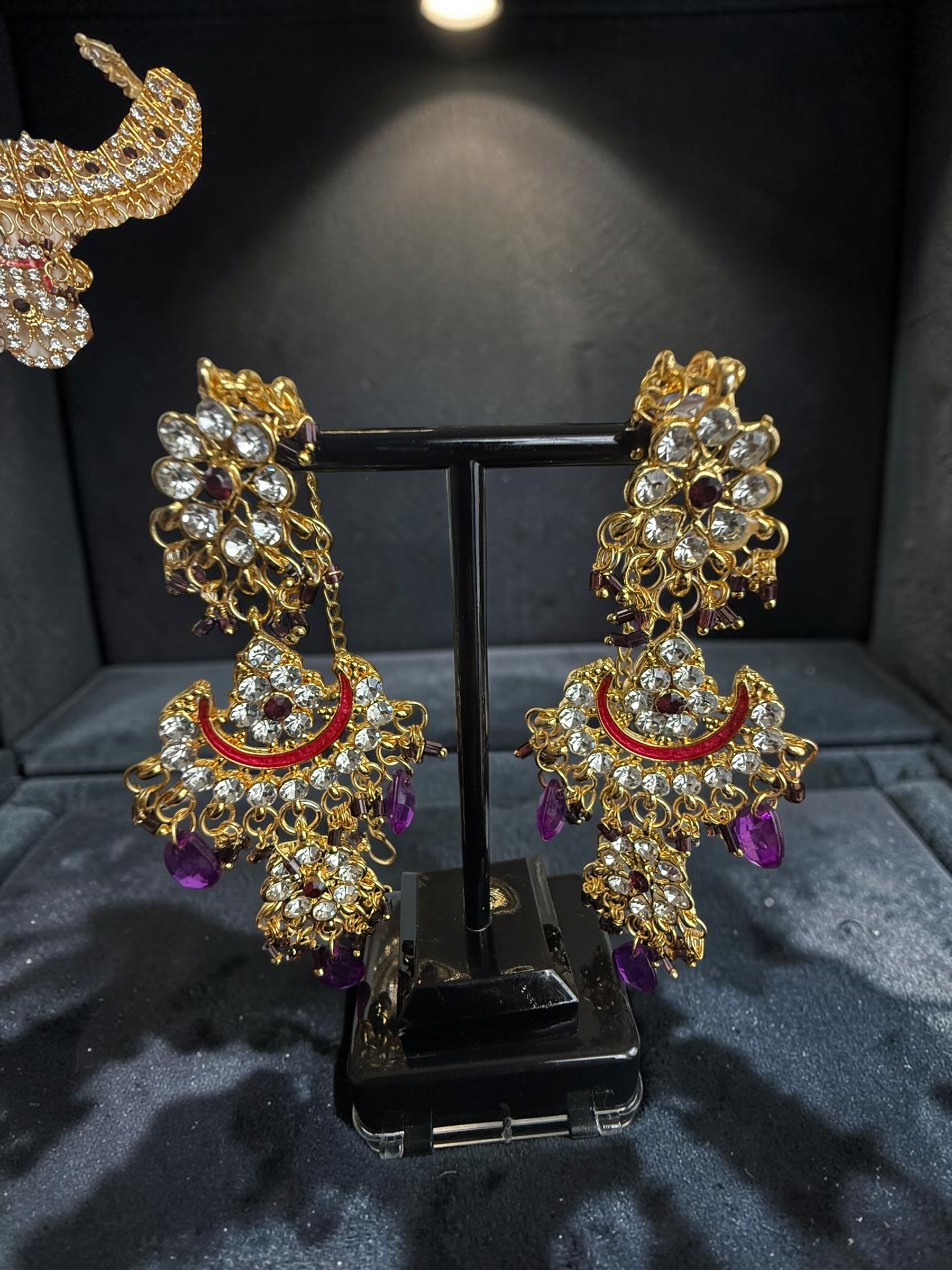 Purple Indian Pakistani Afghan Bridal Jewelry Set with Earrings & Maang Tikka | Gold Tone Crystal Rhinestone Necklace Set | Wedding Jewelry Gift Box Included 7013