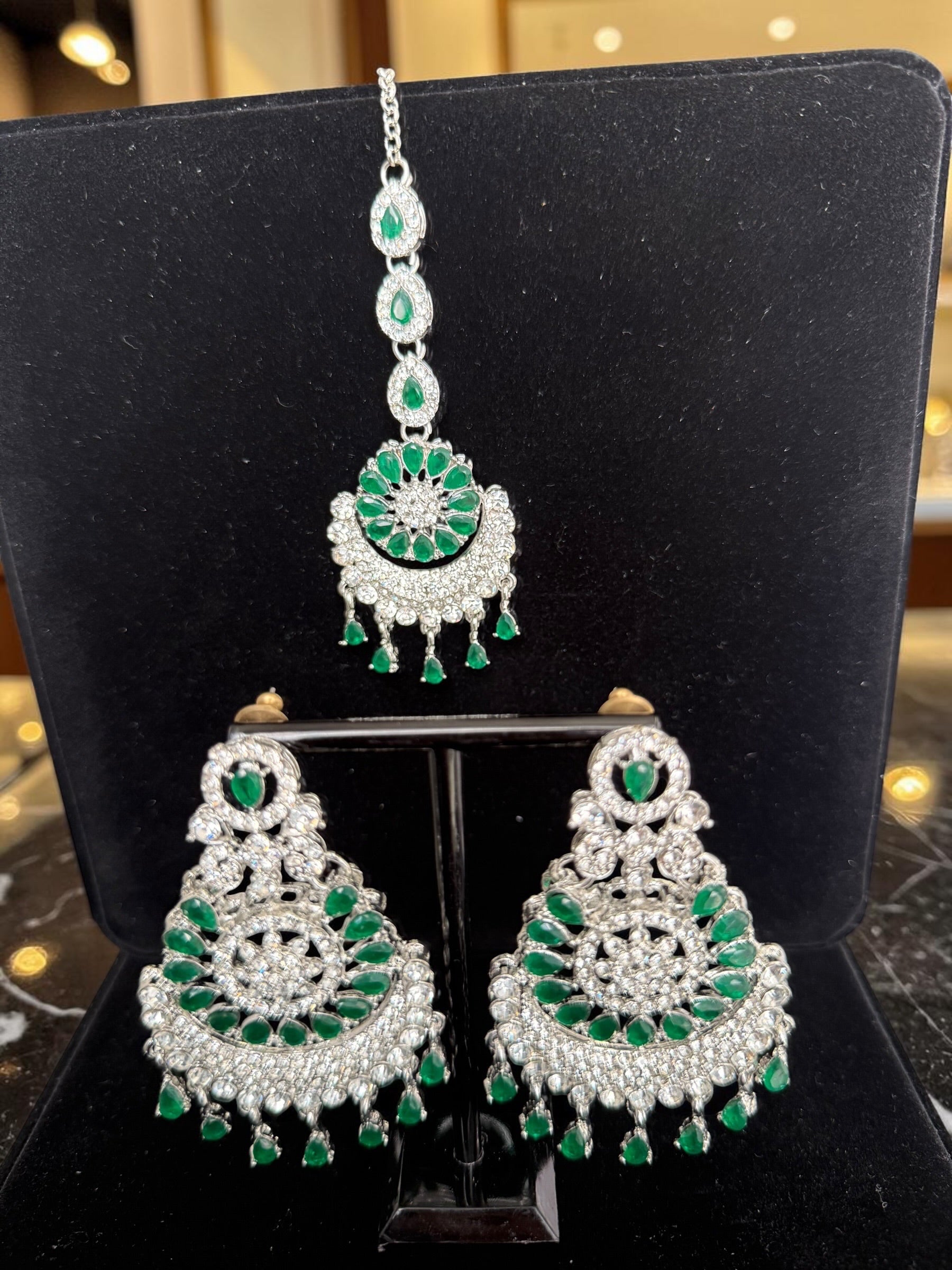 Indian Pakistani Afghan American Diamond Earrings with Maang Tikka Set | Bridal Chandbali Earrings | Wedding Jewelry Gift | 6 Color Options