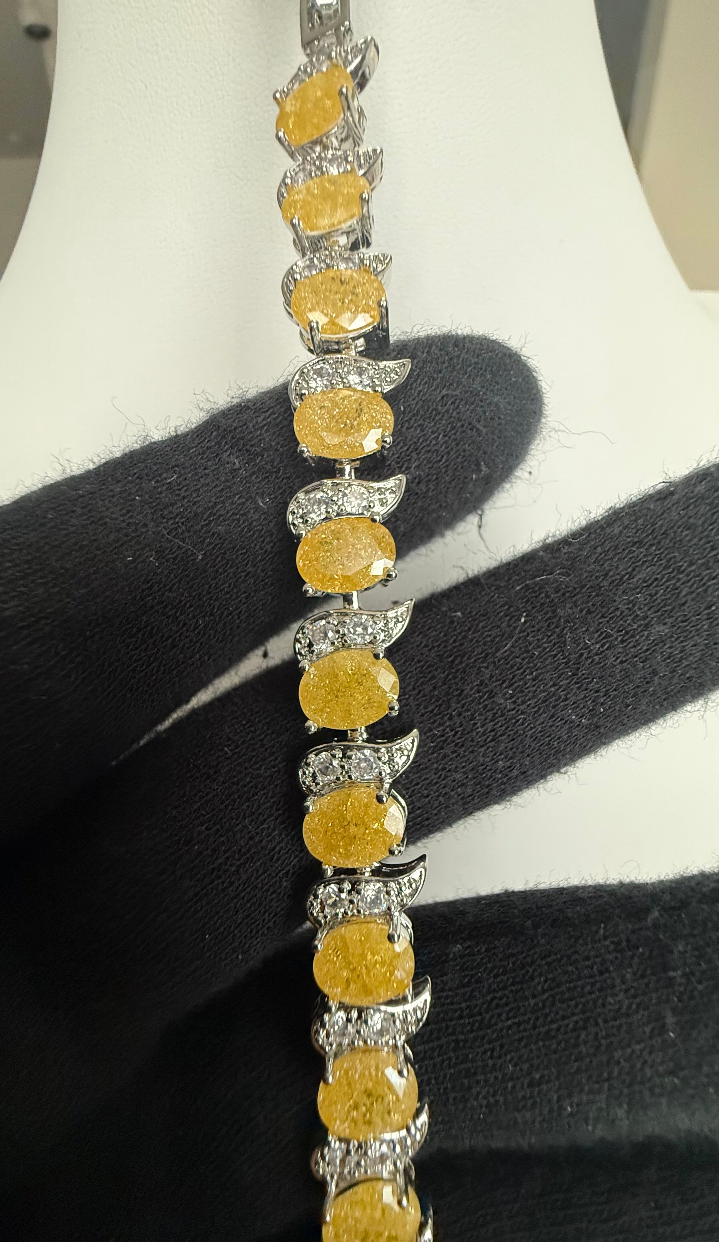 Yellow Crystal Link Bracelet – Silver-Tone Oval Stone & Pavé Swirl Bracelet for Women 7124
