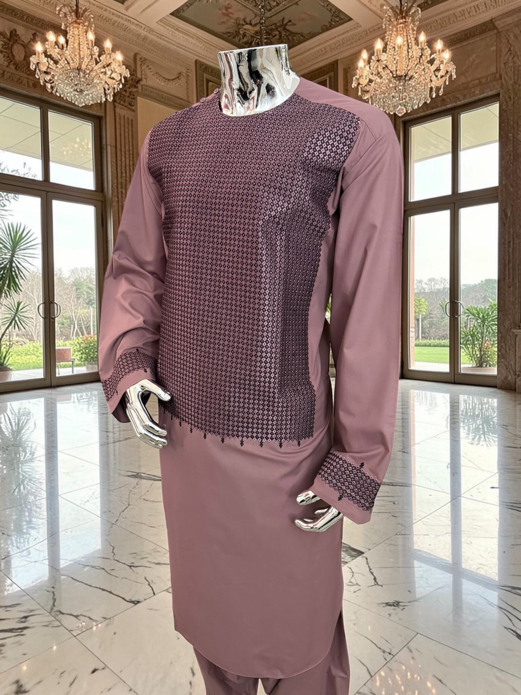 XL Dusty Rose Afghan Parahan Tunban with Machine Embroidery