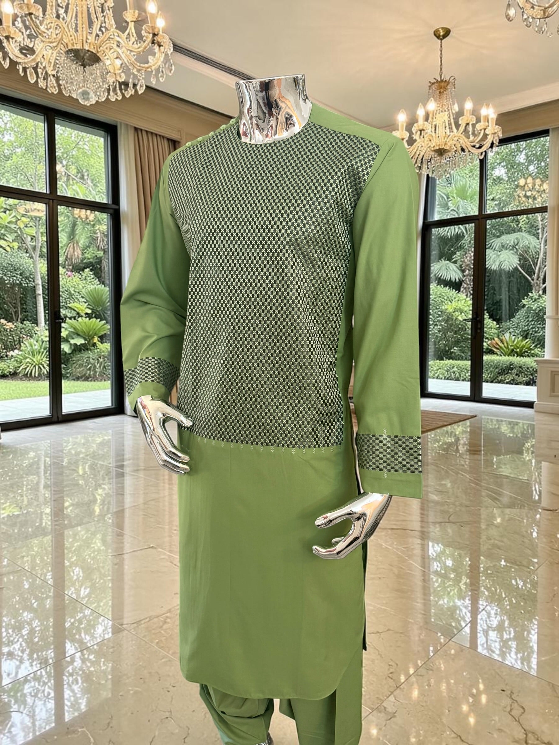 Medium Afghan Parahan Tunban Kameese Shalwar Green Machine Embroidery