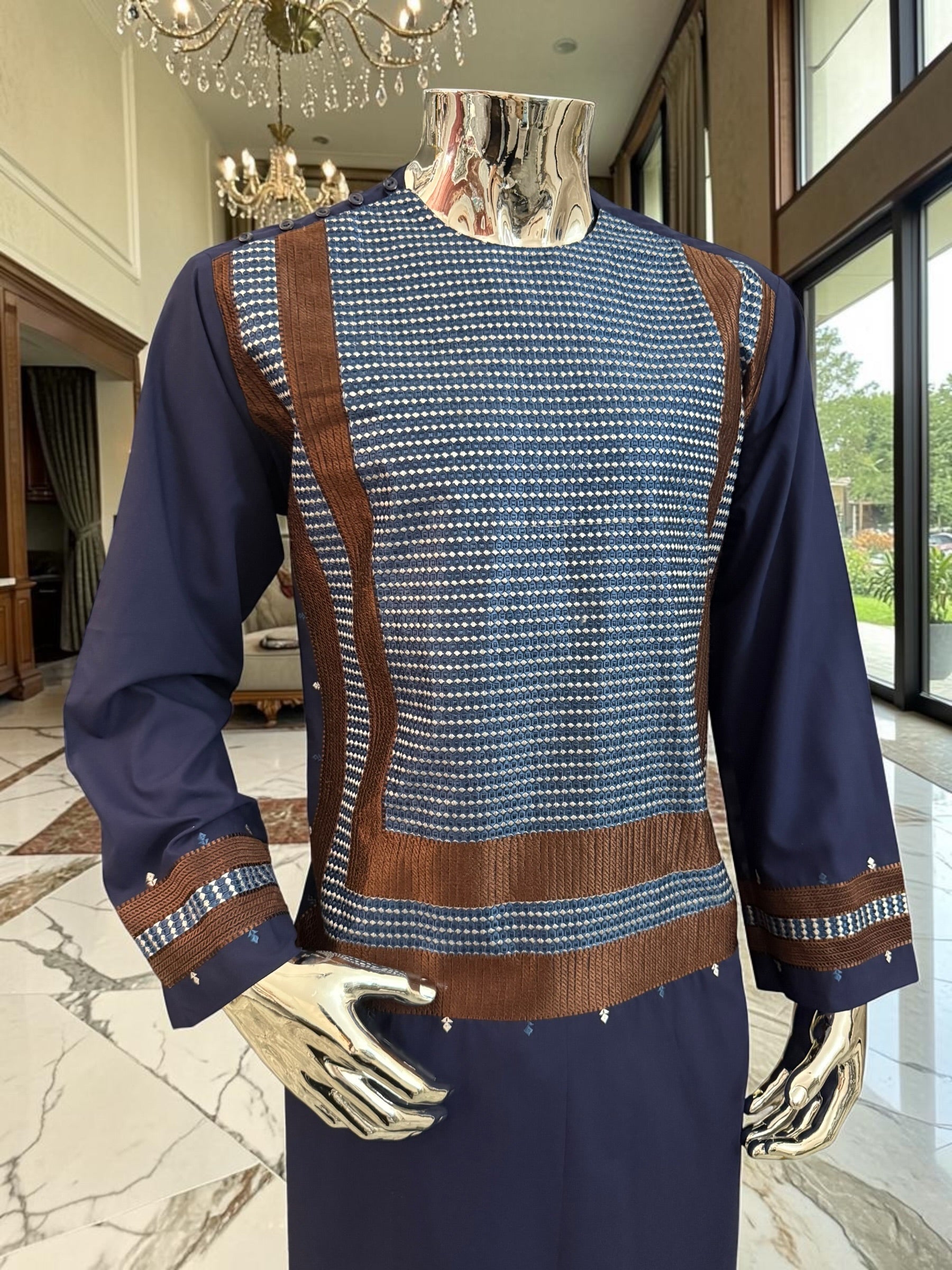 Large Navy Blue Afghan Parahan Tunban with Brown Machine Embroidery Detail