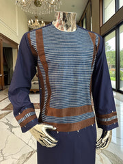 Large Navy Blue Afghan Parahan Tunban with Brown Machine Embroidery Detail