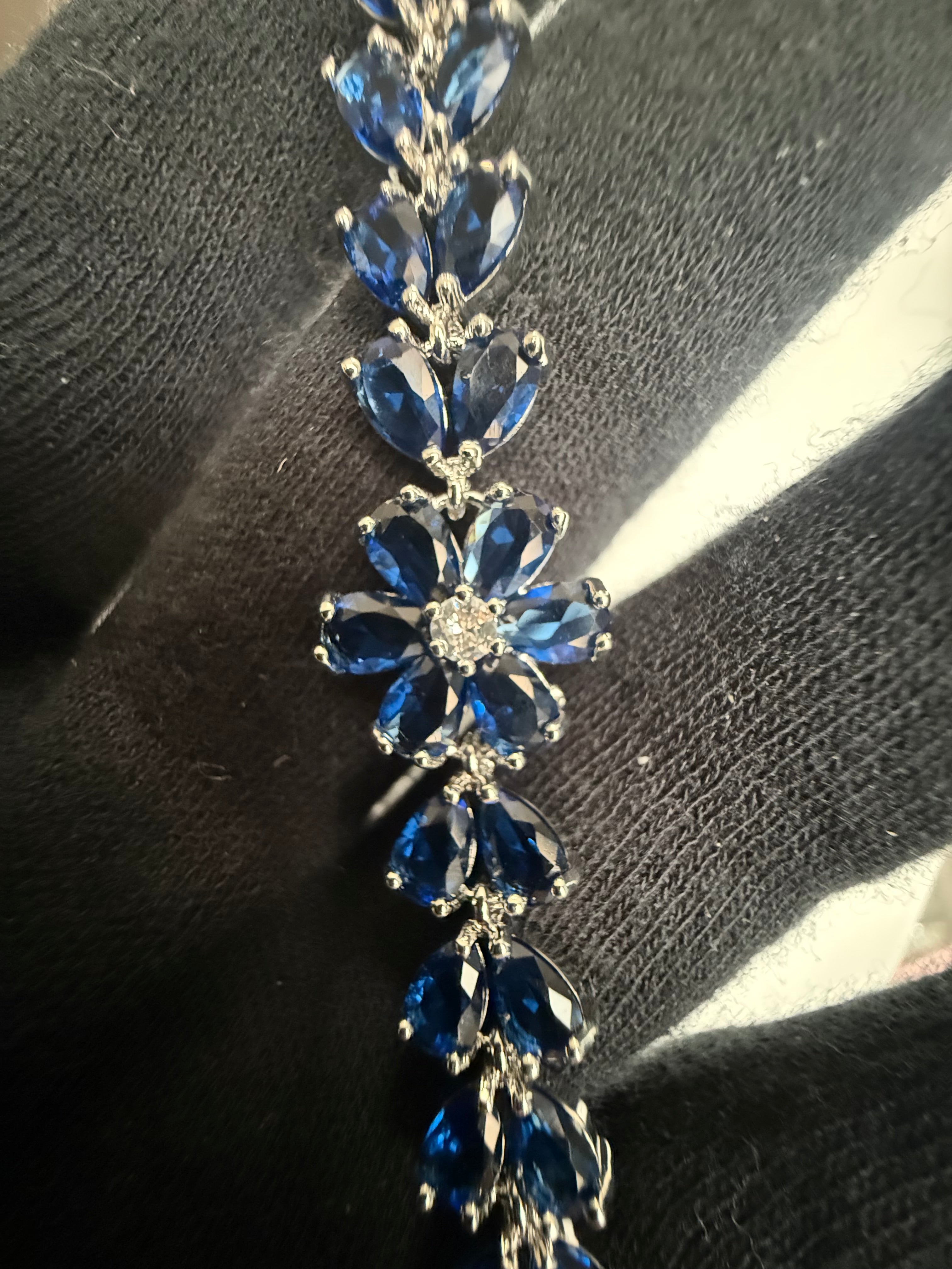 Sapphire Blue Crystal Floral Tennis Bracelet – Silver-Tone Pear Cut Flower Bracelet for Women 7131