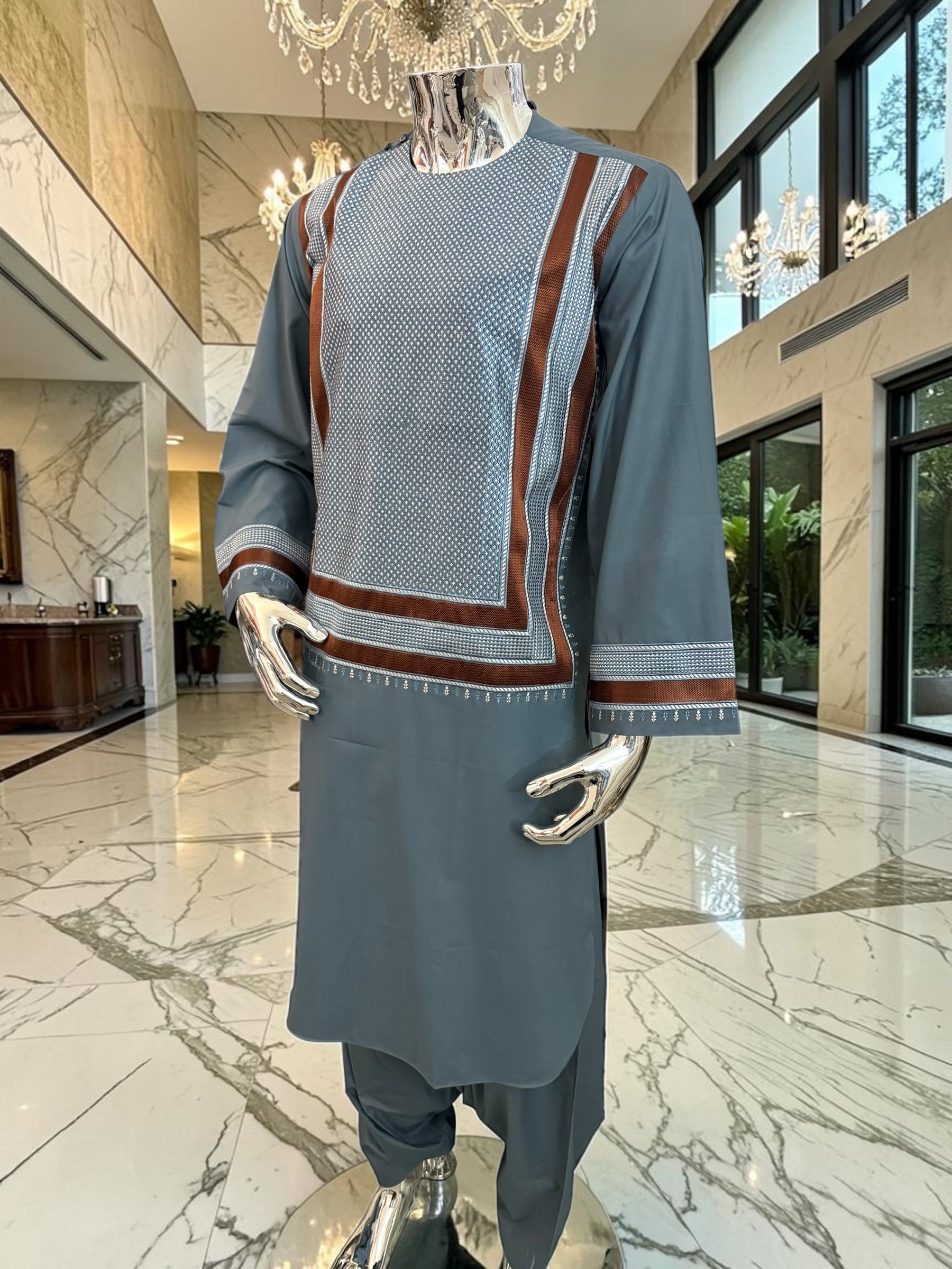 Medium Steel Blue Parahan Tunban with White & Brown Embroidery | Premium Afghan Traditional Wear