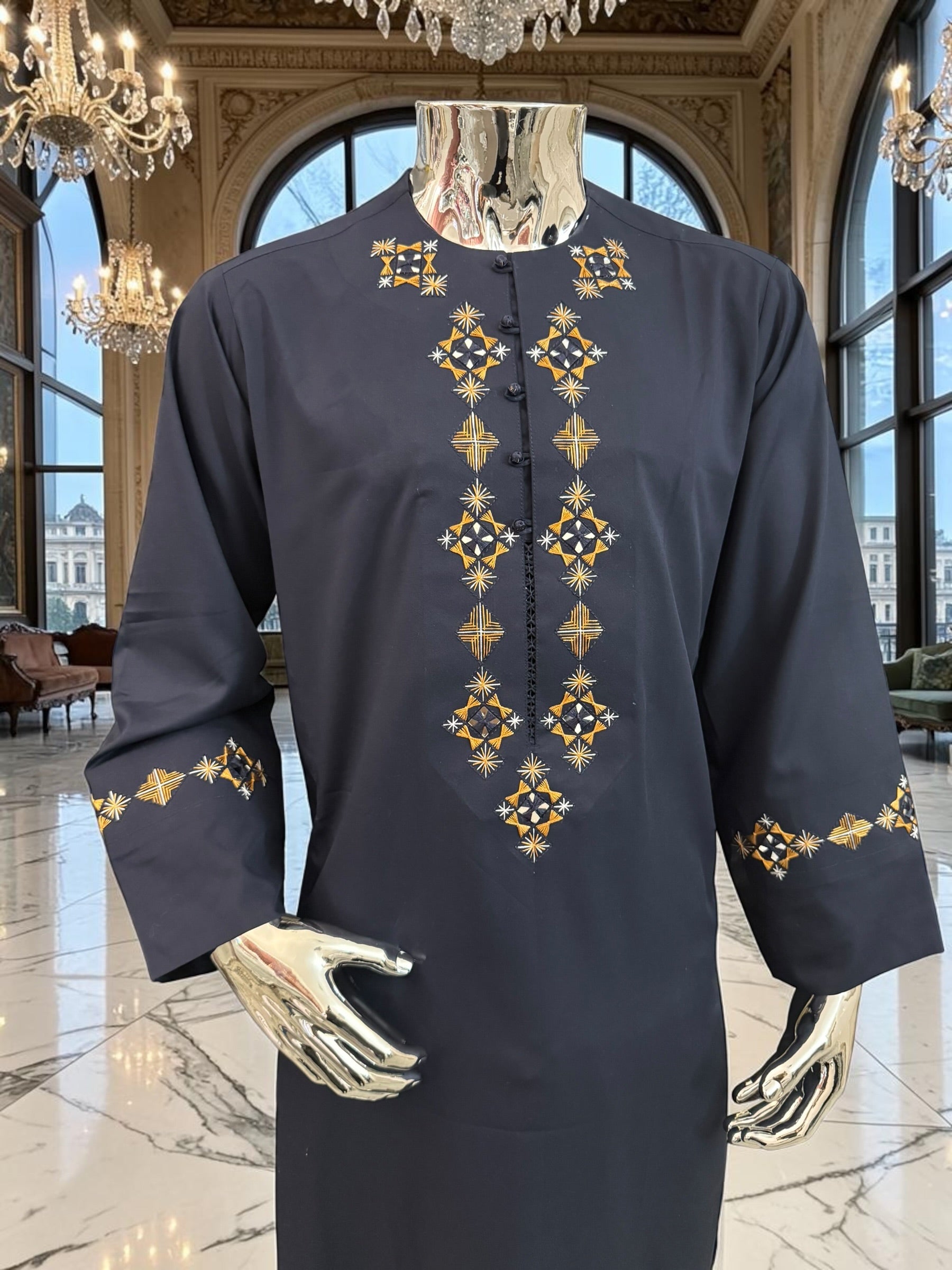 Large Men’s Navy Afghan Parahan Tunban Set with Premium Hand Embroidery with Mirror work & Matching Chadder/patto