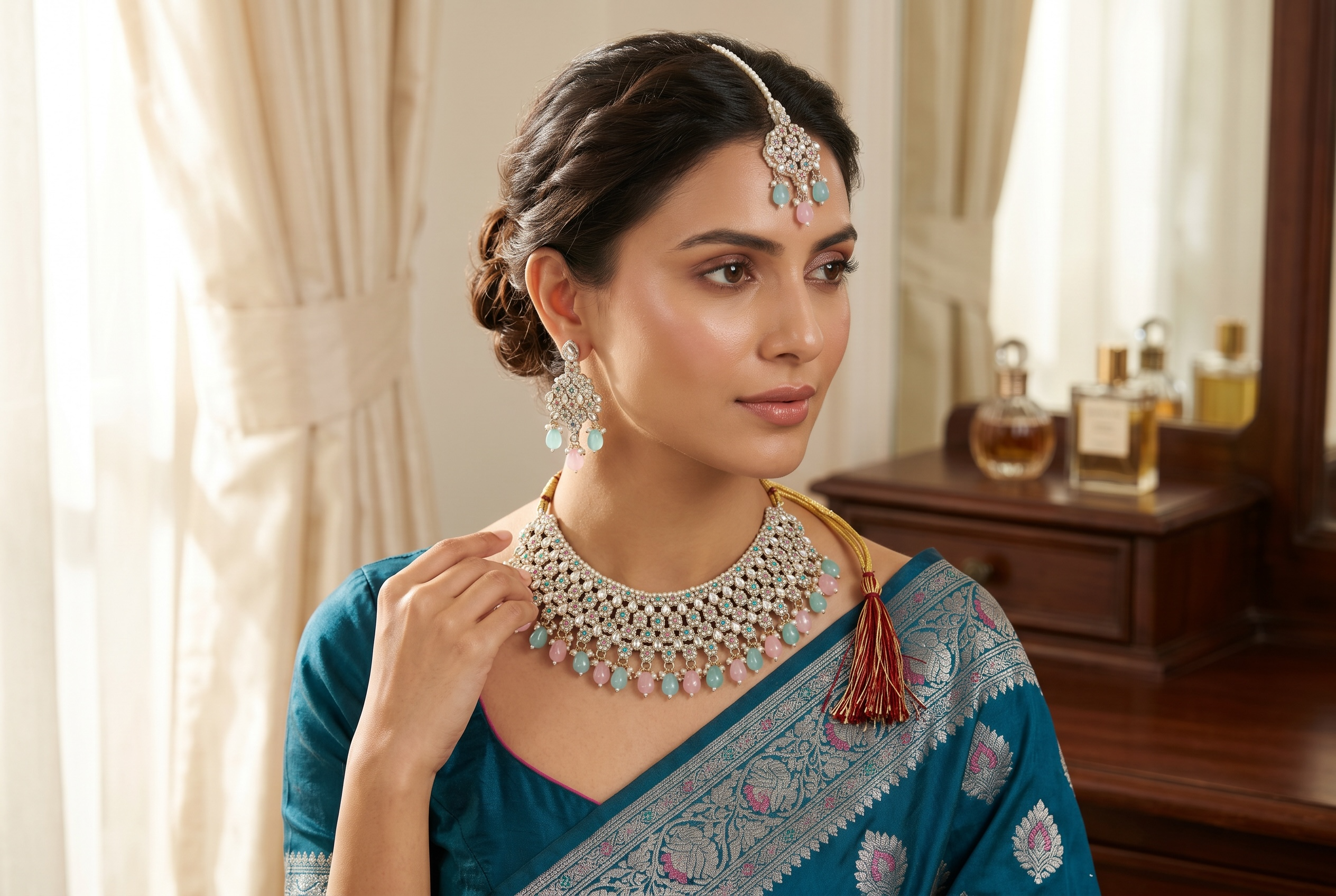 Traditional Indian Afghan 4-Piece Bridal Jewelry Set – Gold Tone Choker Necklace, Earrings, Maang Tikka & Headpiece with Pastel Pink & Mint Stones | Ethnic Wedding Jewelry 020