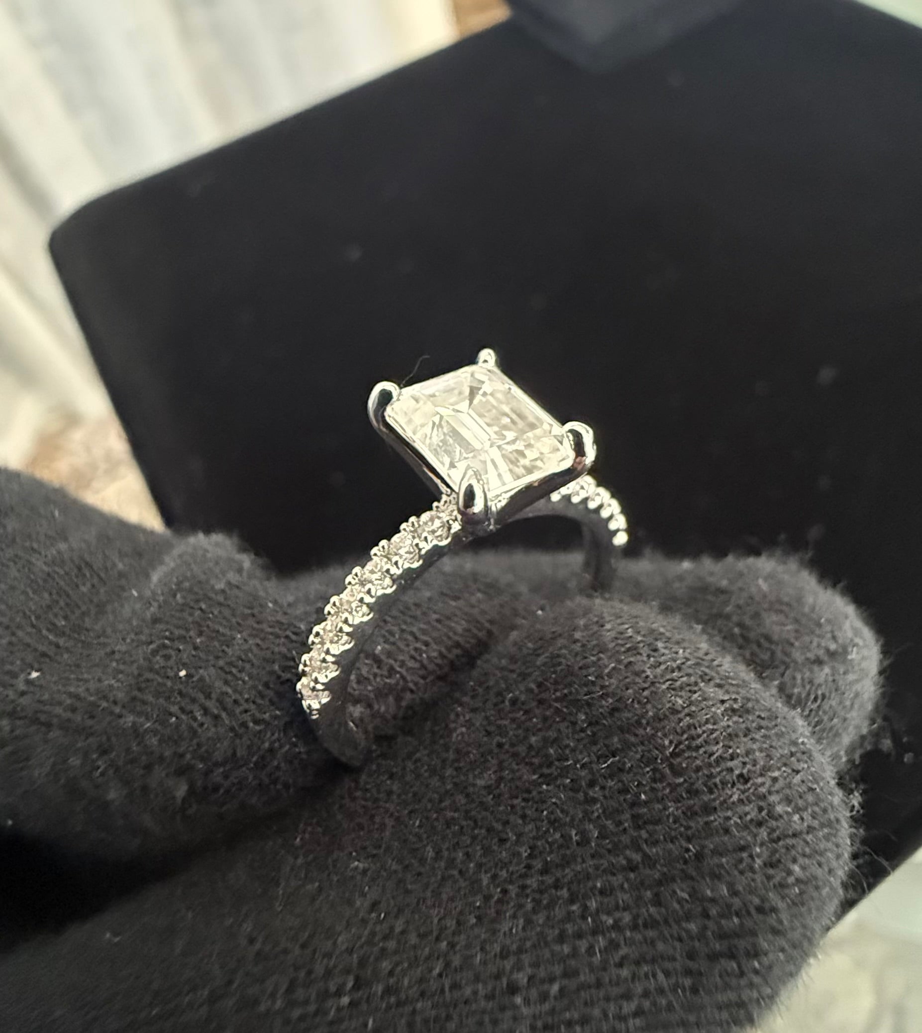 Size 6 Emerald Cut Moissanite Engagement Ring in Sterling Silver – 4 Prong Pavé Band.   6016