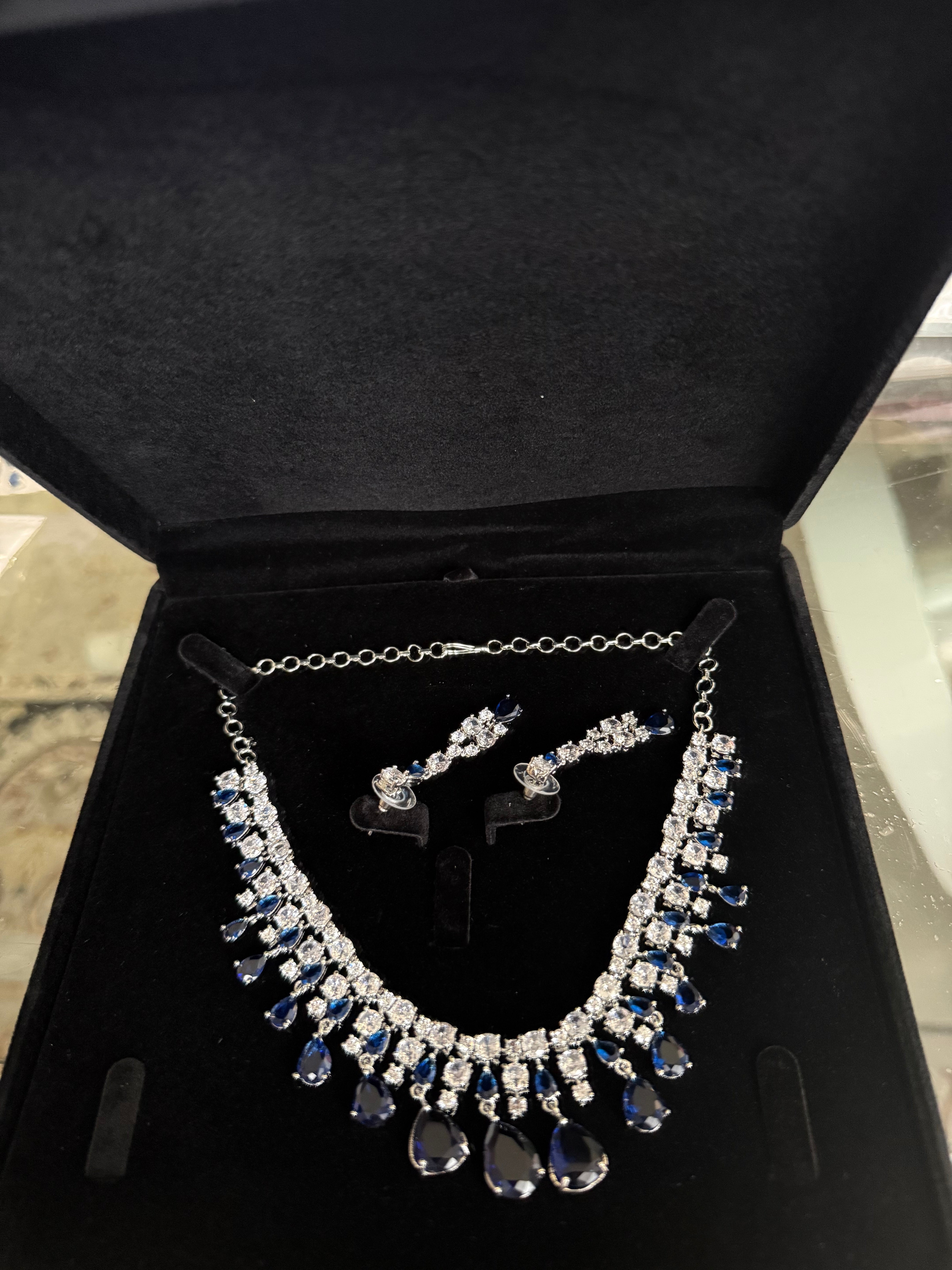 Luxury Sapphire Blue Crystal Statement Necklace & Drop Earrings Set | Silver Tone | Gift Ready Black Box | Elegant Bridal & Evening Jewelry  6053