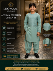 Kids Afghan Parahan Tunban Set – Premium Embroidered Traditional Afghan Outfit for Boys | Sage Green Eid & Wedding Wear (1–12 Years) Design #23