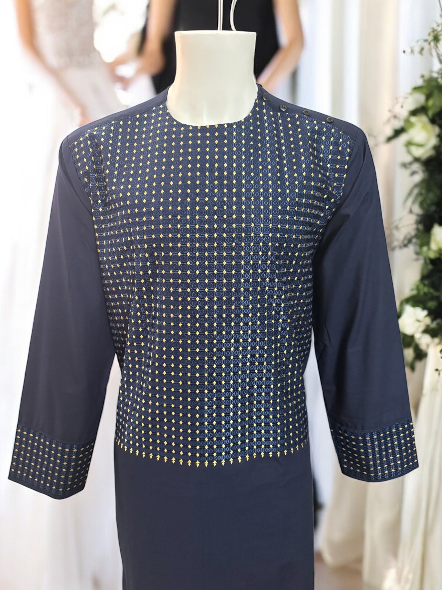 Afghan Parahan Tunban for Men Machine Embroidered Navy Gold Traditional Wear Medium