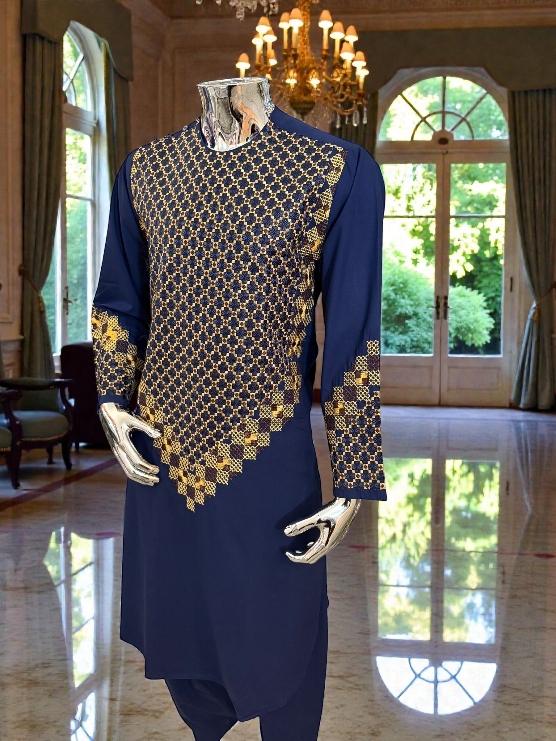 Men’s Navy Blue Kameez – Navy with Gold Machine Embroidery | XL Size Afghan Traditional Wear