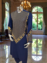 Men’s Navy Blue Kameez – Navy with Gold Machine Embroidery | XL Size Afghan Traditional Wear