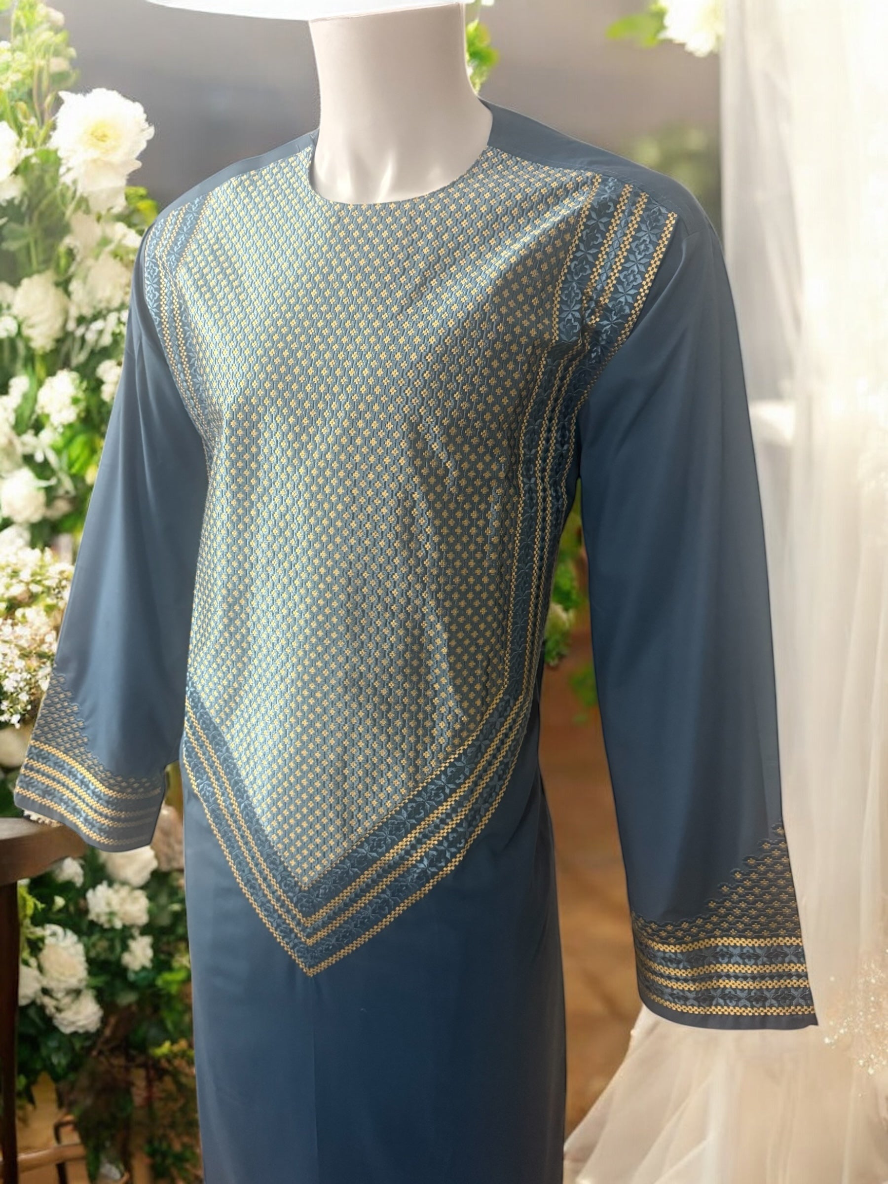 Men’s Blue Parahan Tumban with Gold Embroidery Large