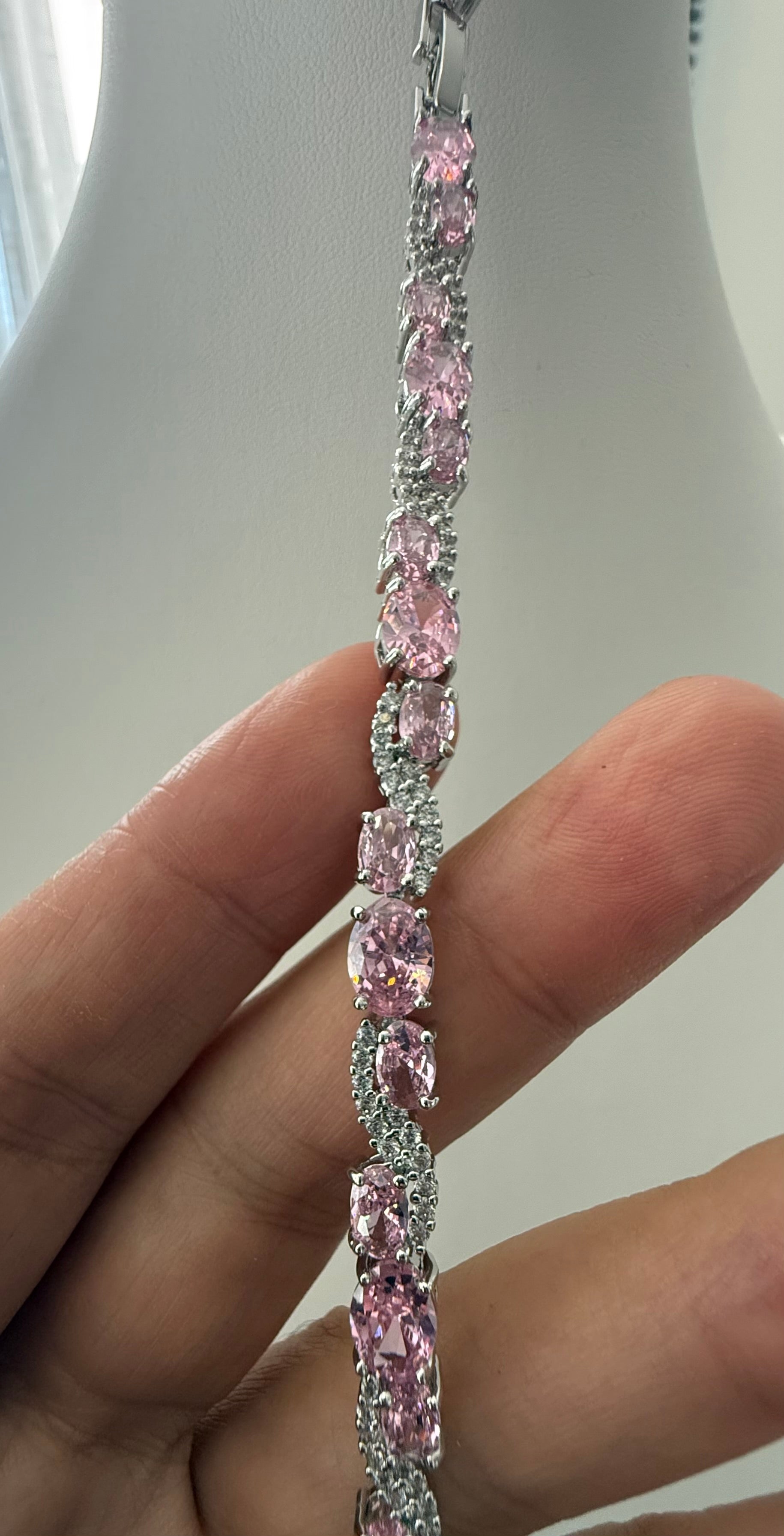 Pink Oval Crystal Swirl Bracelet – Silver Tone Sparkling Statement Jewelry 7085