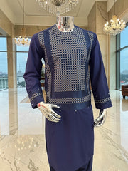 Medium Men’s Navy Blue Parahan Tunban – Premium White/Navy/Brown Machine Embroidery Afghan Outfit