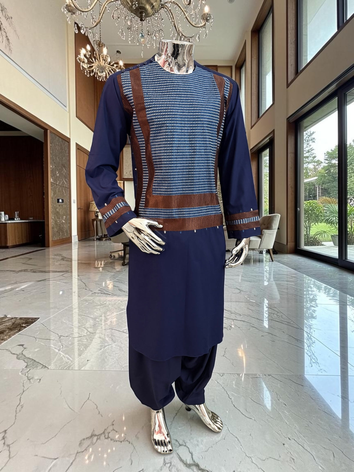 Large Navy Blue Afghan Parahan Tunban with Brown Machine Embroidery Detail