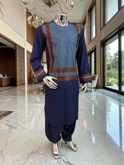 Large Navy Blue Afghan Parahan Tunban with Brown Machine Embroidery Detail