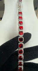 Ruby Red Cushion-Cut Crystal Halo Link Bracelet – Silver Tone Statement Jewelry 7134