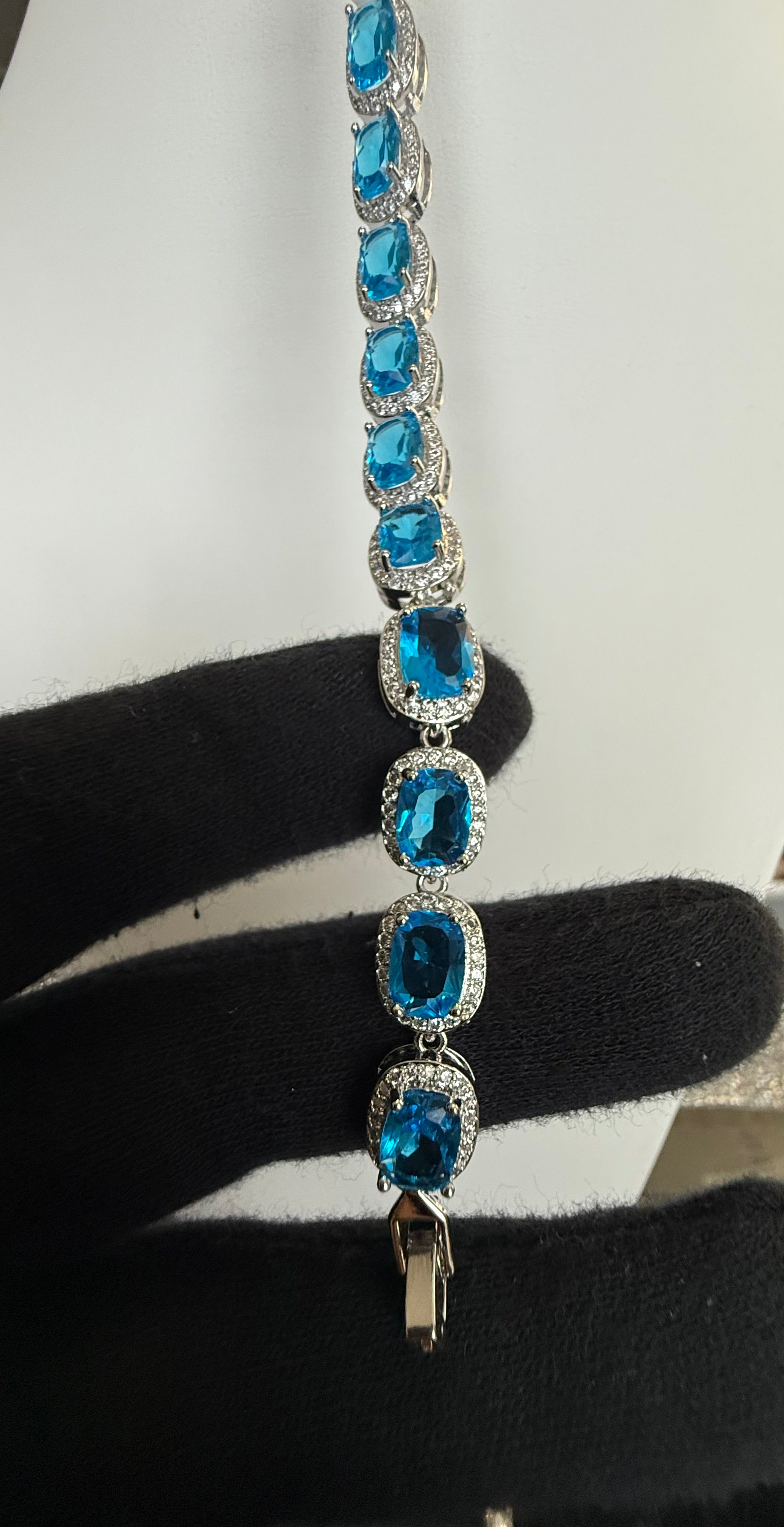 Aqua Blue Cushion-Cut Crystal Halo Tennis Bracelet – Silver-Tone Statement Jewelry 7115