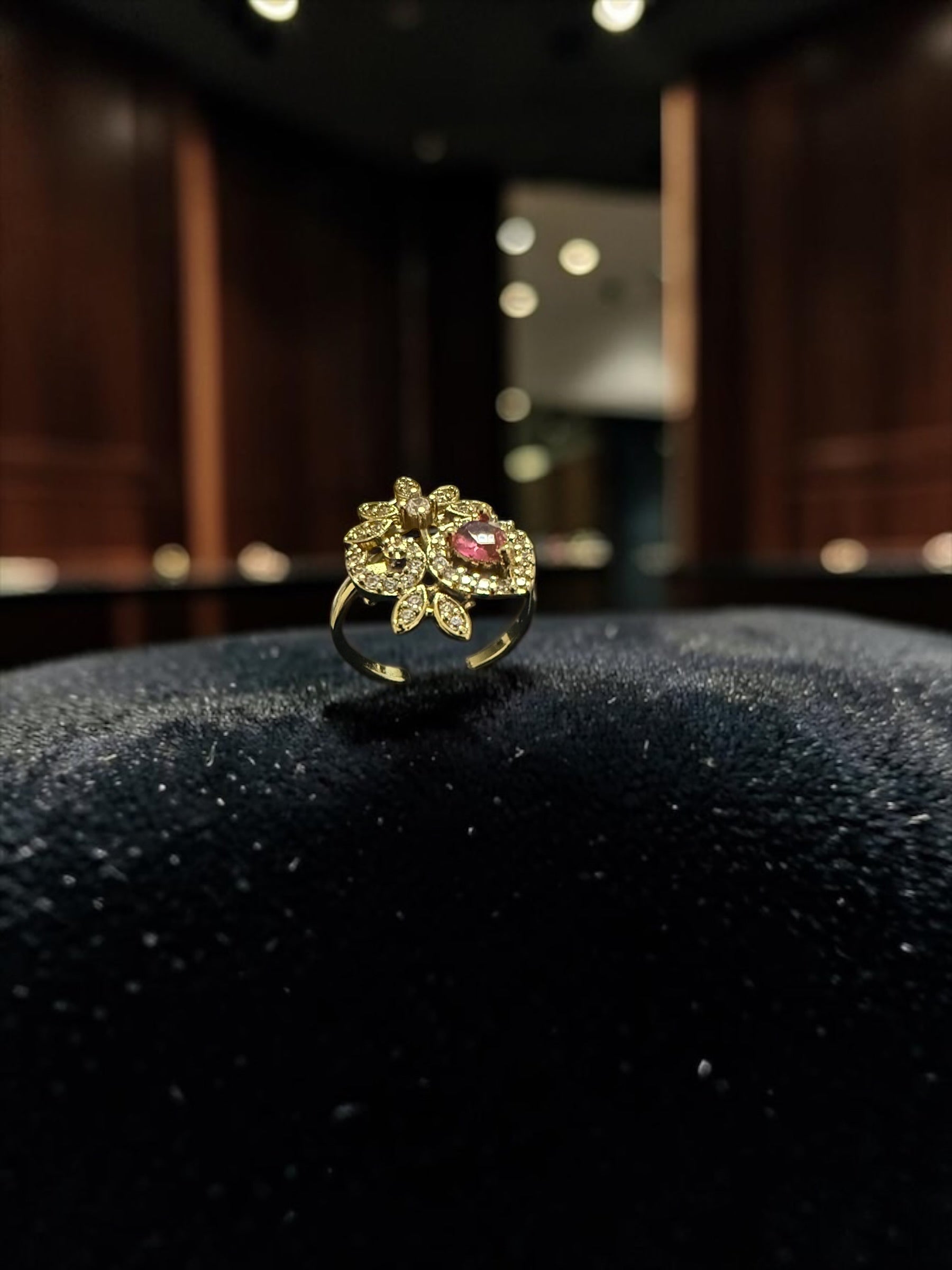Floral Teardrop Statement Ring – Adjustable Gold-Tone Ring in Pink, Clear & Purple