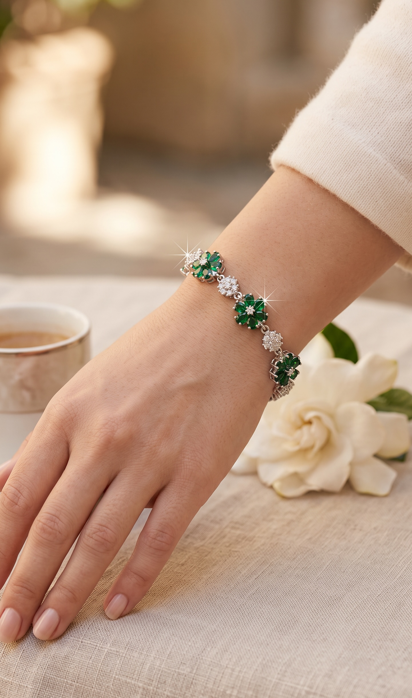 Emerald Green Floral Crystal Link Bracelet – Silver Tone Flower Statement Jewelry 7137