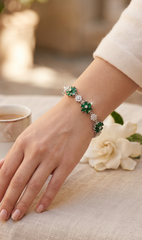 Emerald Green Floral Crystal Link Bracelet – Silver Tone Flower Statement Jewelry 7137