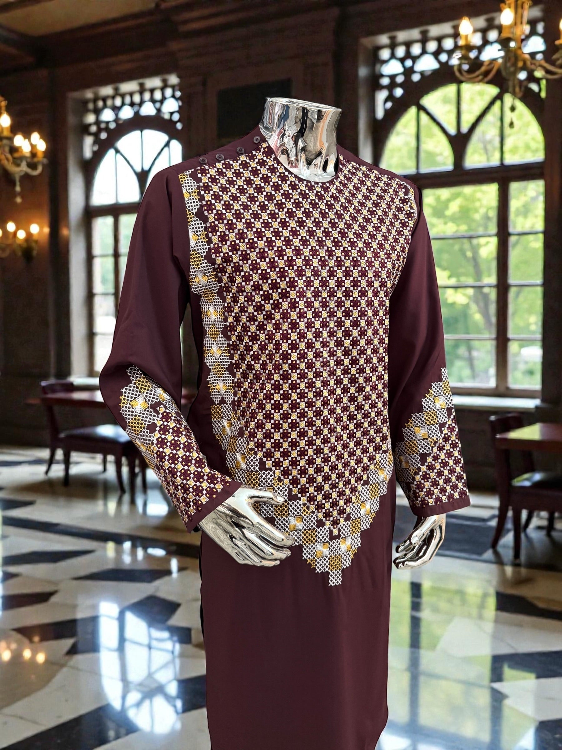Men’s Maroon Kameez with Gold and White Machine Embroidery – Large Tall | Luqmaan Boutique