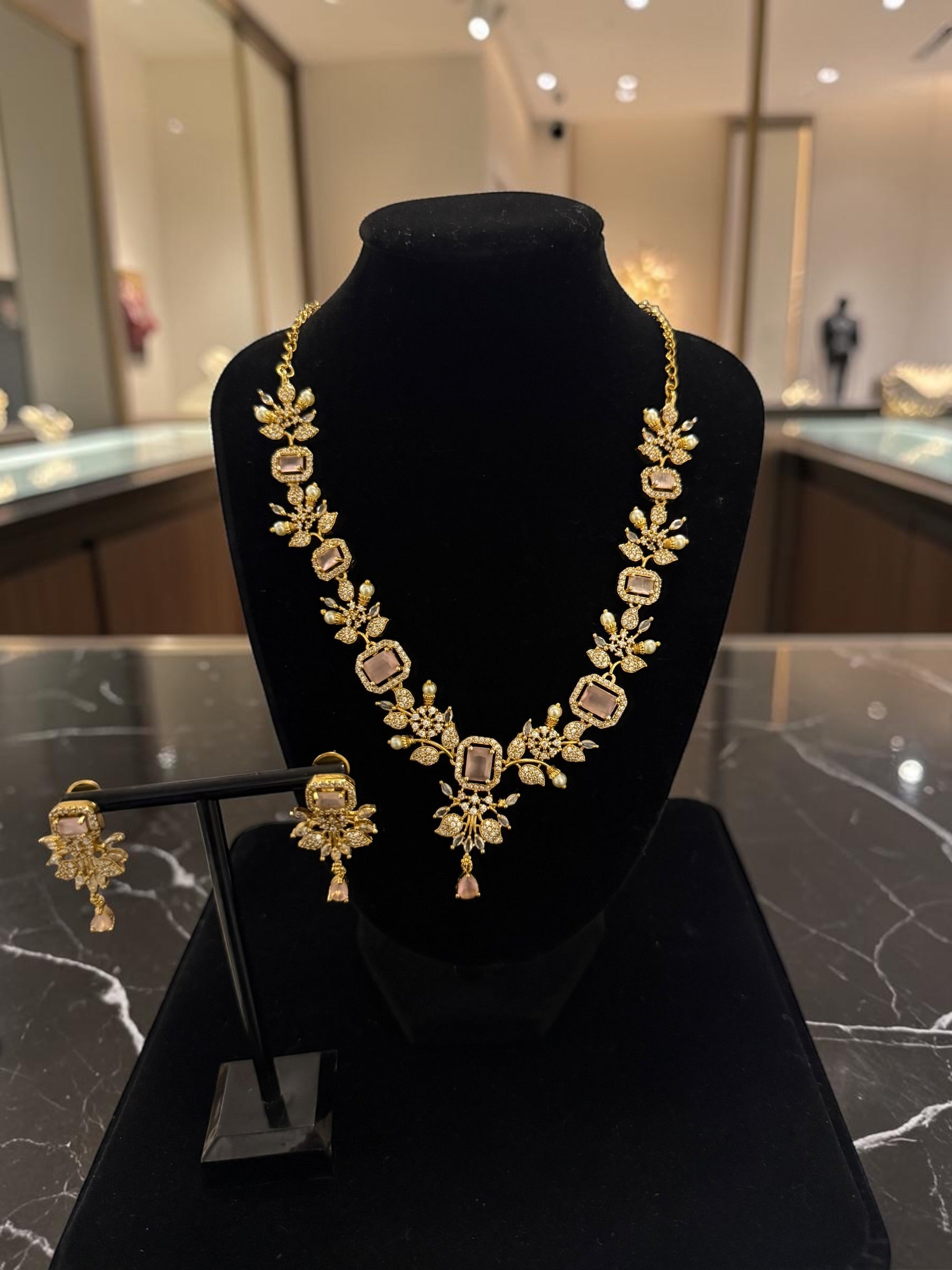 Luxury Gold Tone Blush Pink Crystal Floral Statement Necklace & Earrings Set | Gift-Ready Black Jewelry Box Included 6072