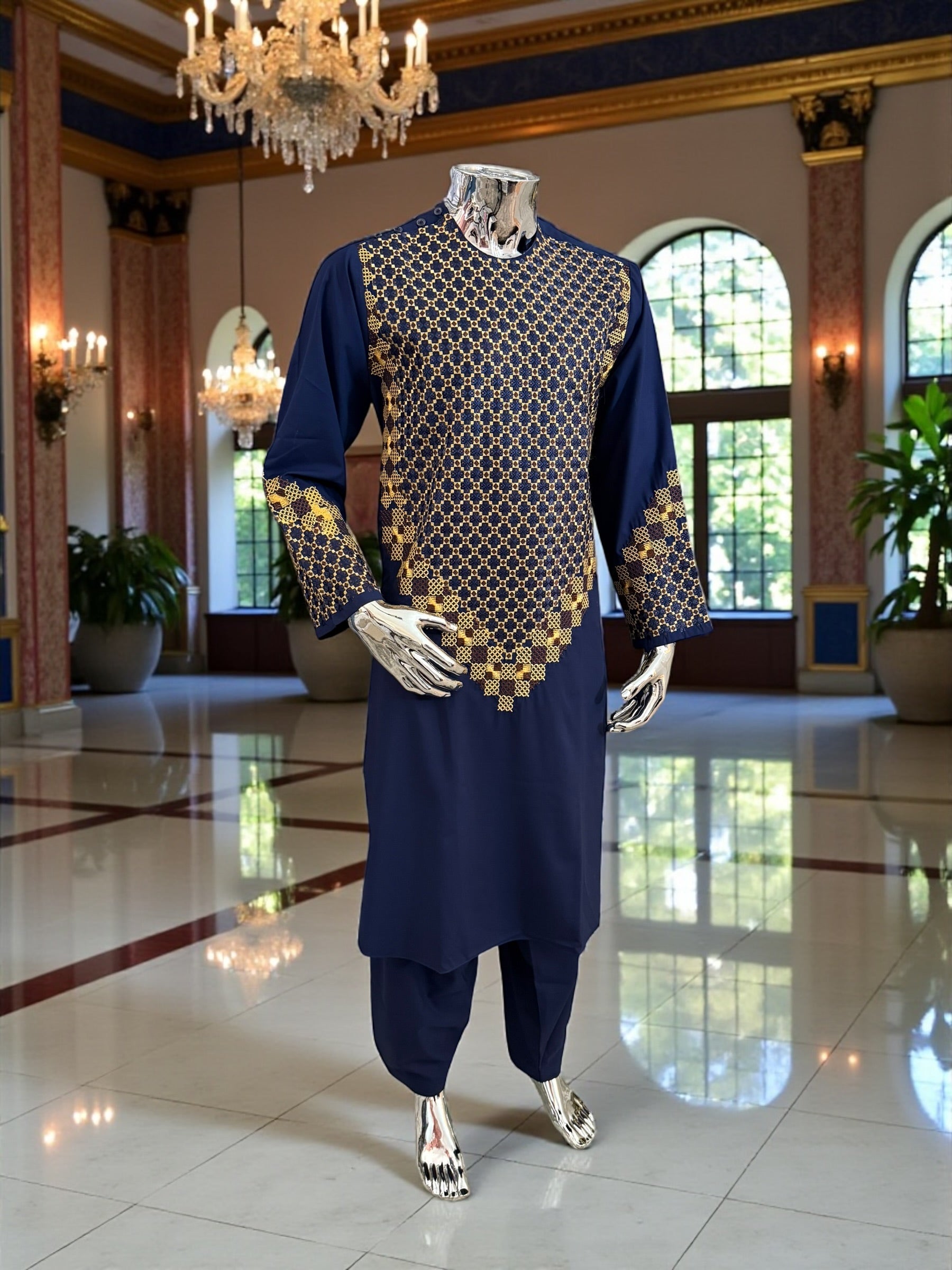 Men’s Navy Blue Kameez – Navy with Gold Machine Embroidery | XL Size Afghan Traditional Wear