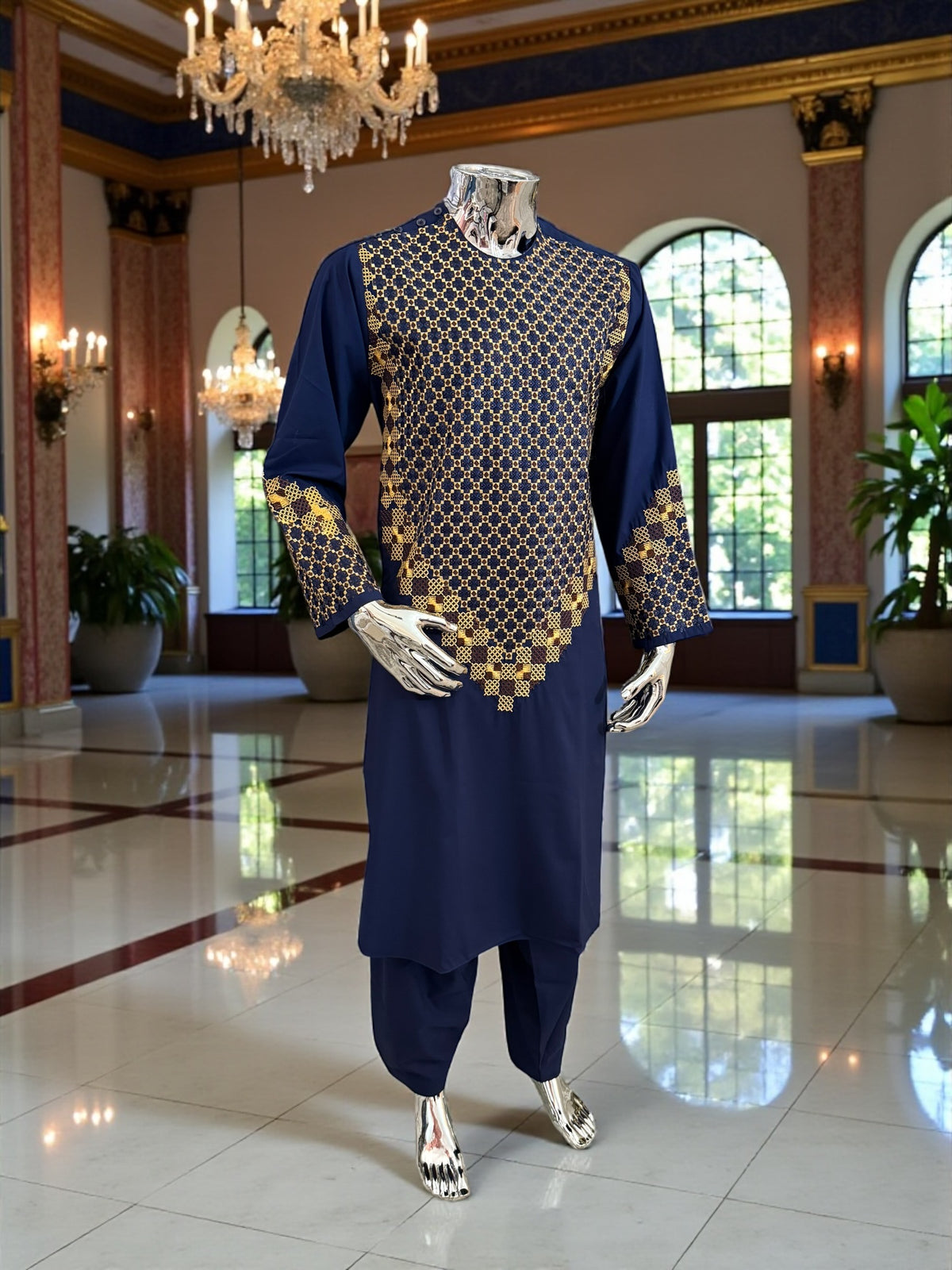 Men’s Navy Blue Kameez – Navy with Gold Machine Embroidery | XL Size Afghan Traditional Wear