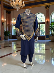 Men’s Navy Blue Kameez – Navy with Gold Machine Embroidery | XL Size Afghan Traditional Wear